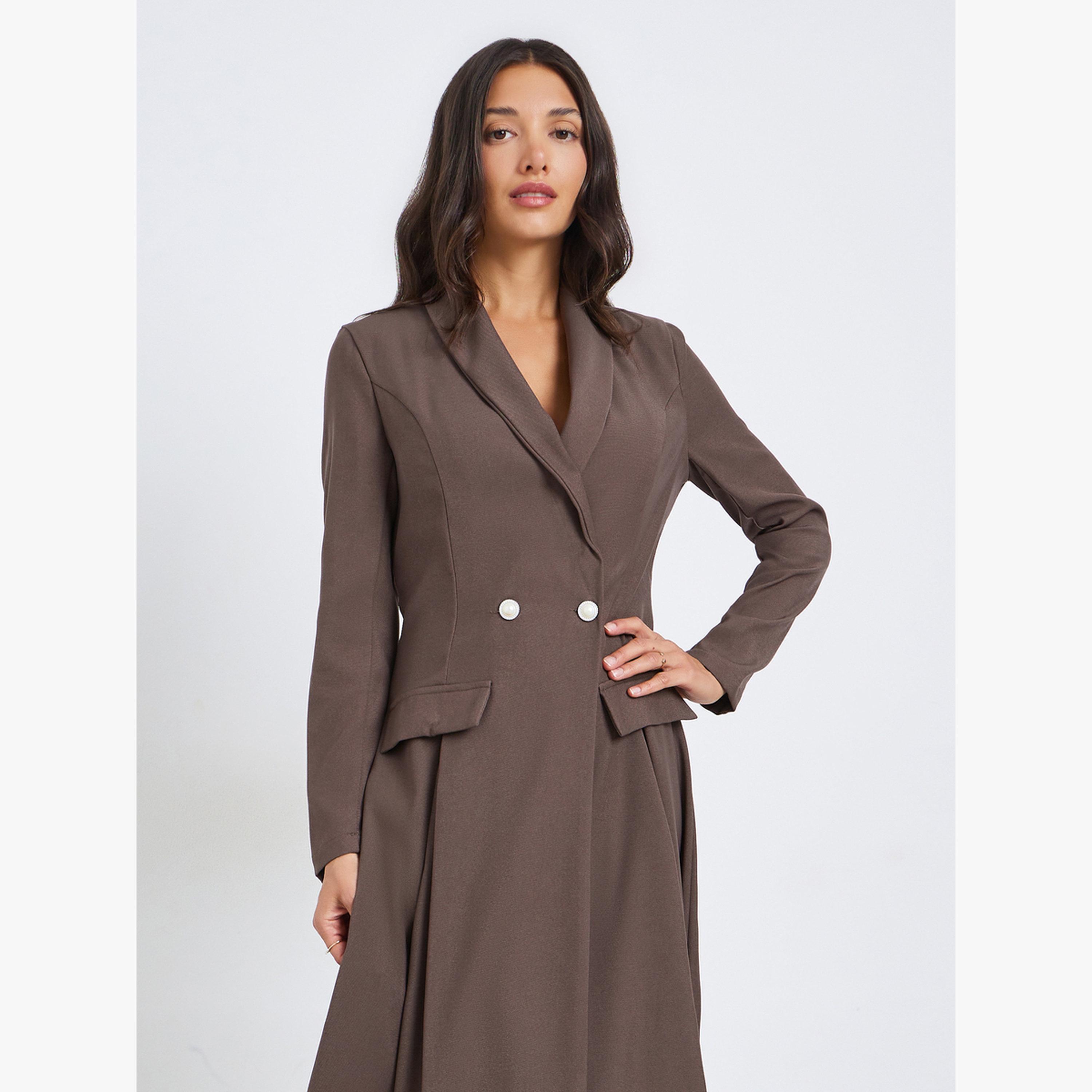 Styli Women Brown Long Sleeves Blazer Midi Dress-women-clothing-dresses-image-2