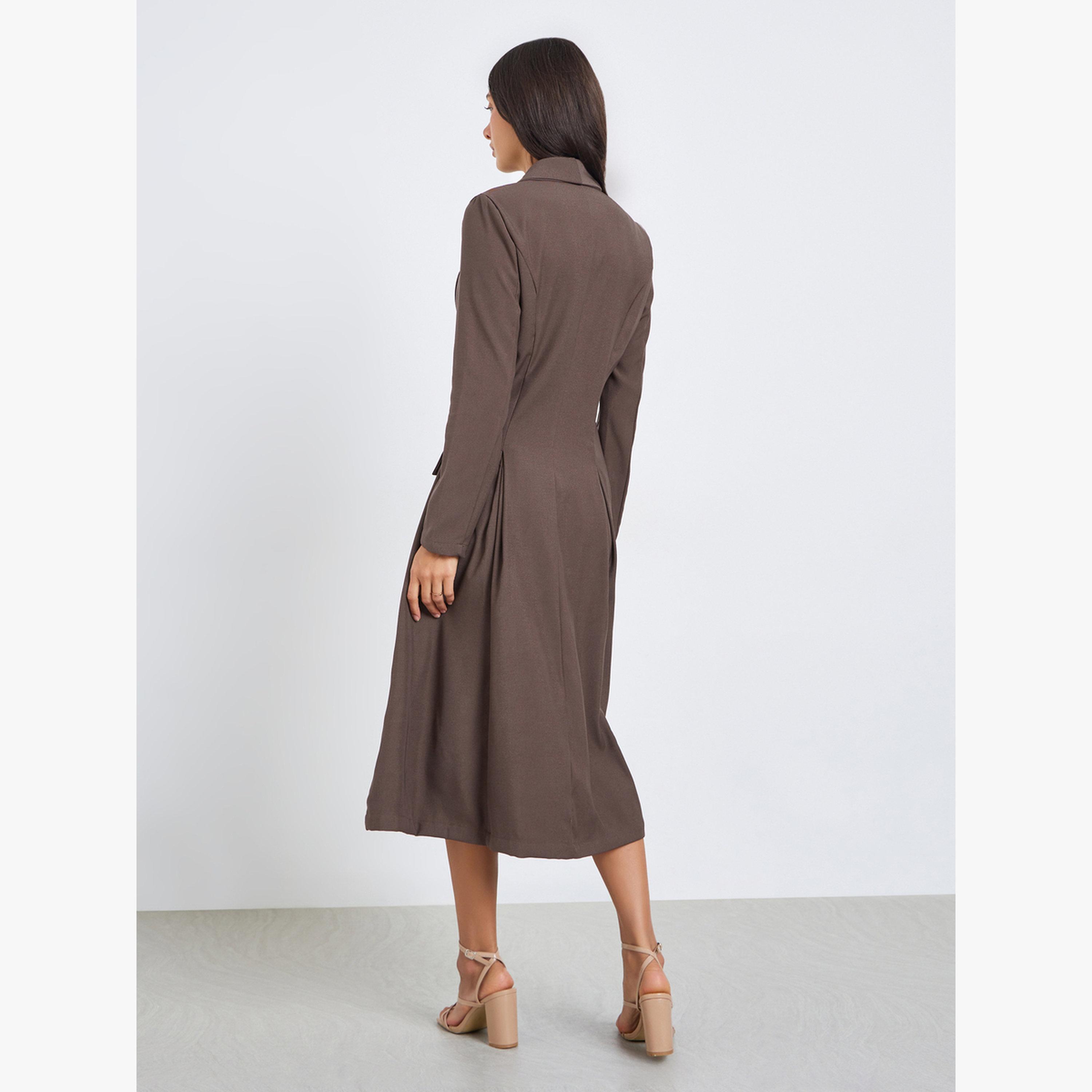 Styli Women Brown Long Sleeves Blazer Midi Dress-women-clothing-dresses-image-5