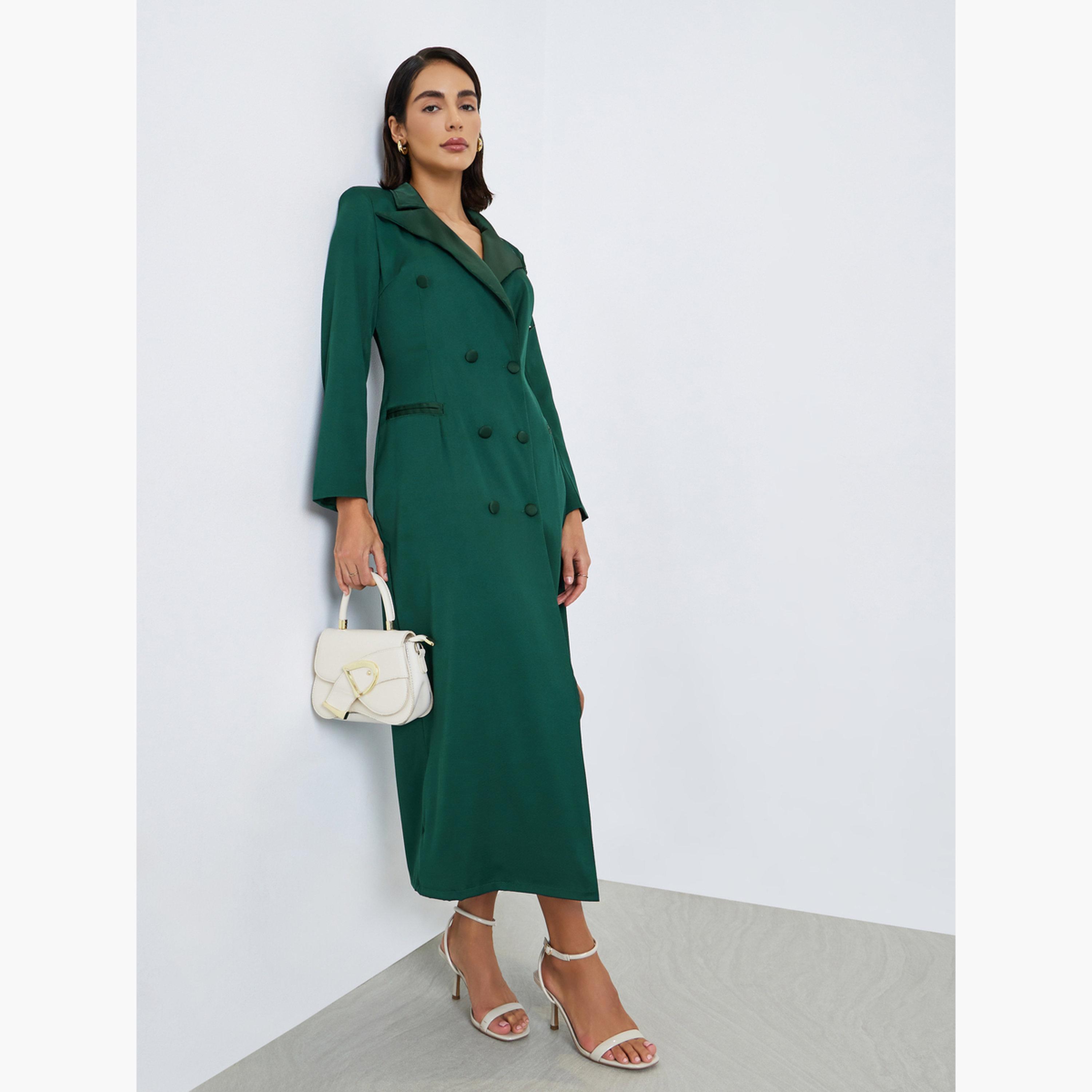 ستايلي - فستان ماكسي أخضر تصميم بليزر بأزرار مزدوجة-women-clothing-dresses-image-1