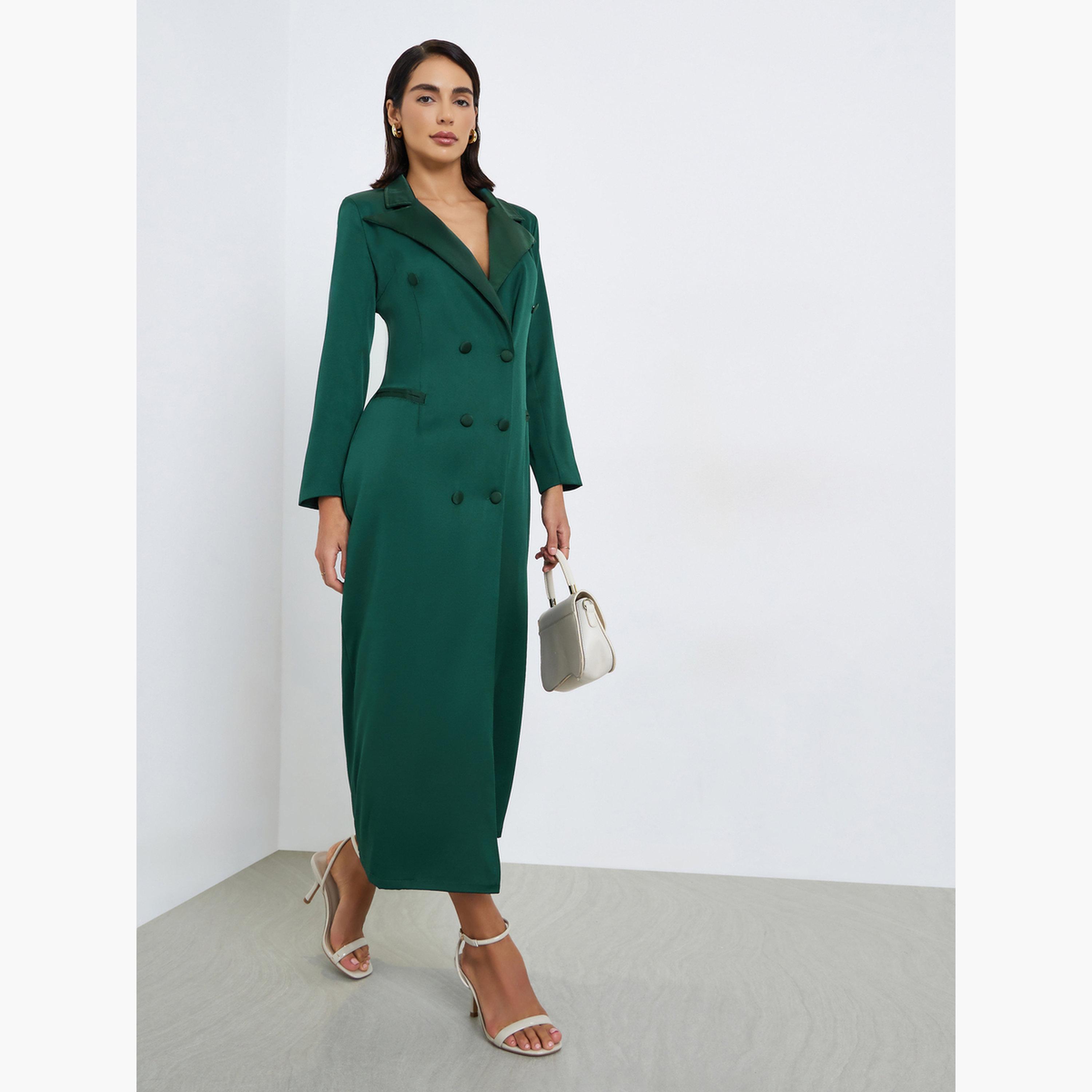 ستايلي - فستان ماكسي أخضر تصميم بليزر بأزرار مزدوجة-women-clothing-dresses-image-3