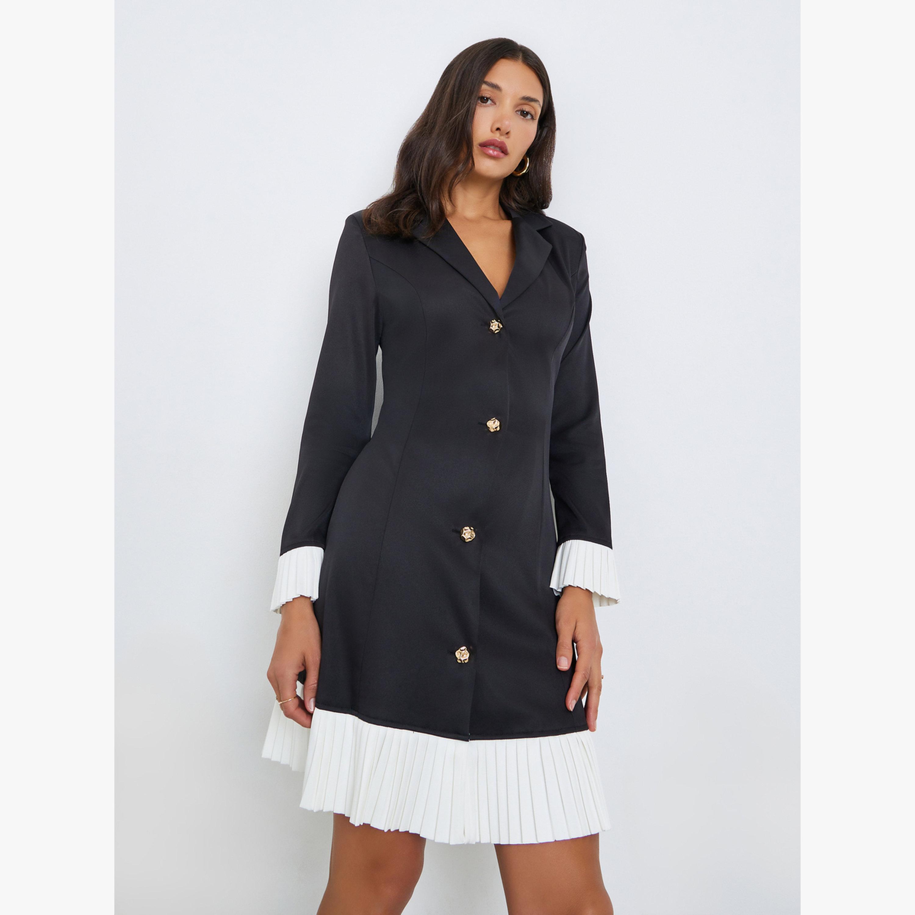 Styli Women Black Pleated Hem Blazer Knee-Length Dress-women-clothing-dresses-image-3