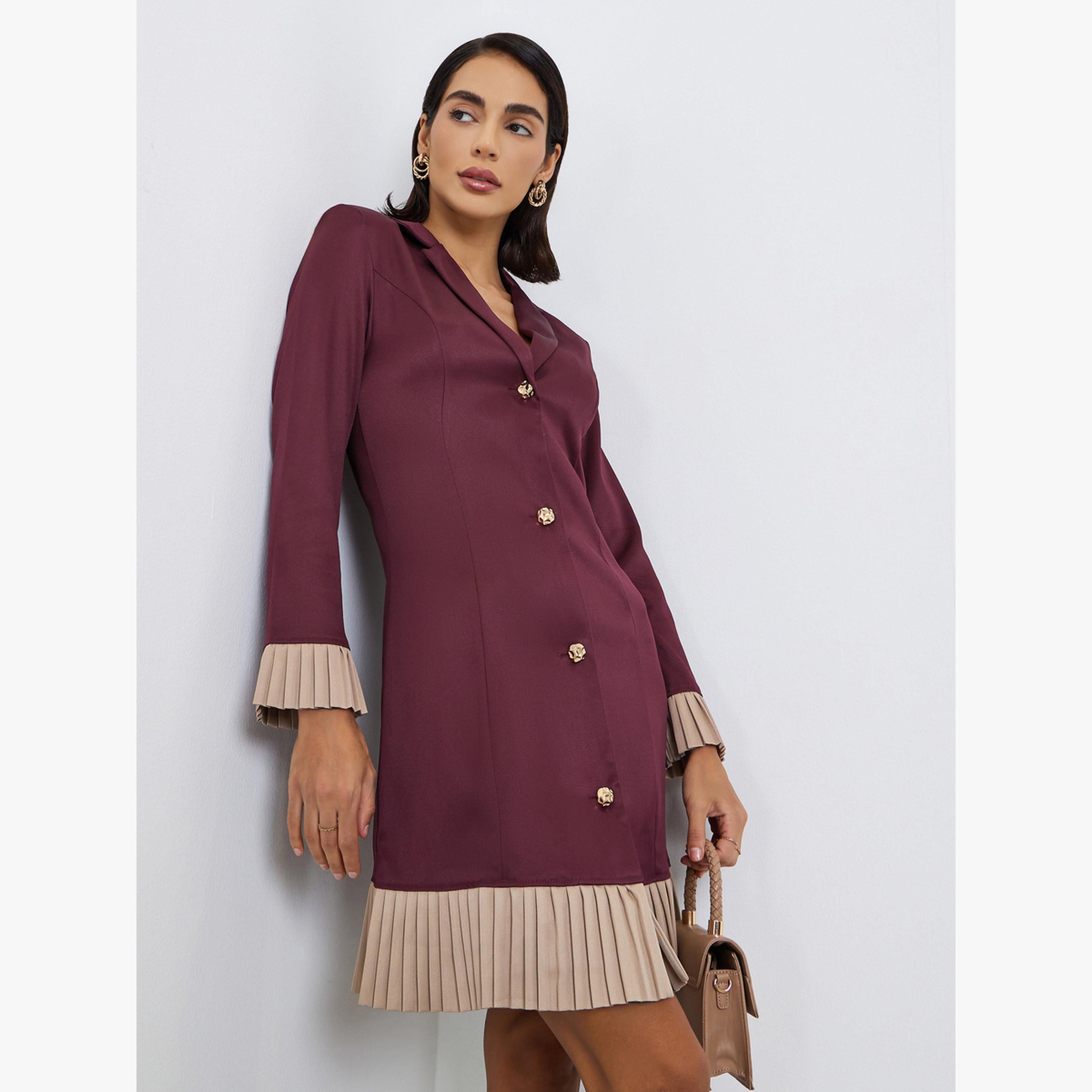 Styli Women Maroon Pleated Hem Knee Length Blazer Dress-women-clothing-dresses-image-1