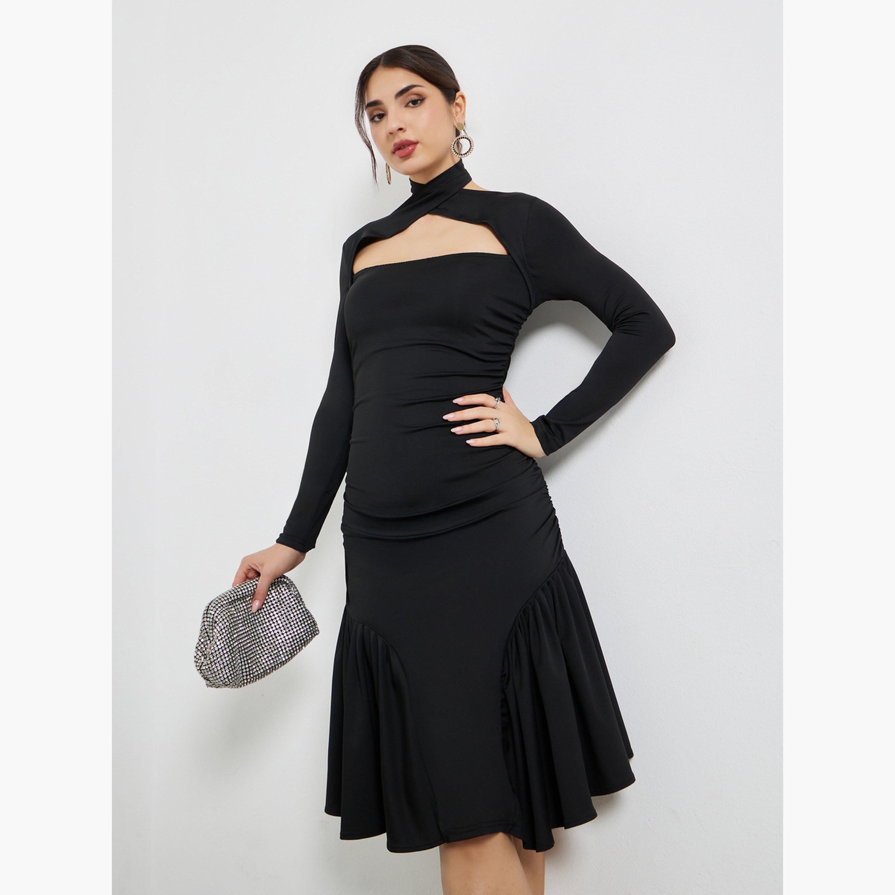 ستايلي - فستان بطول الركبة أسود مع فتحة على الكتف-women-clothing-dresses-image-1