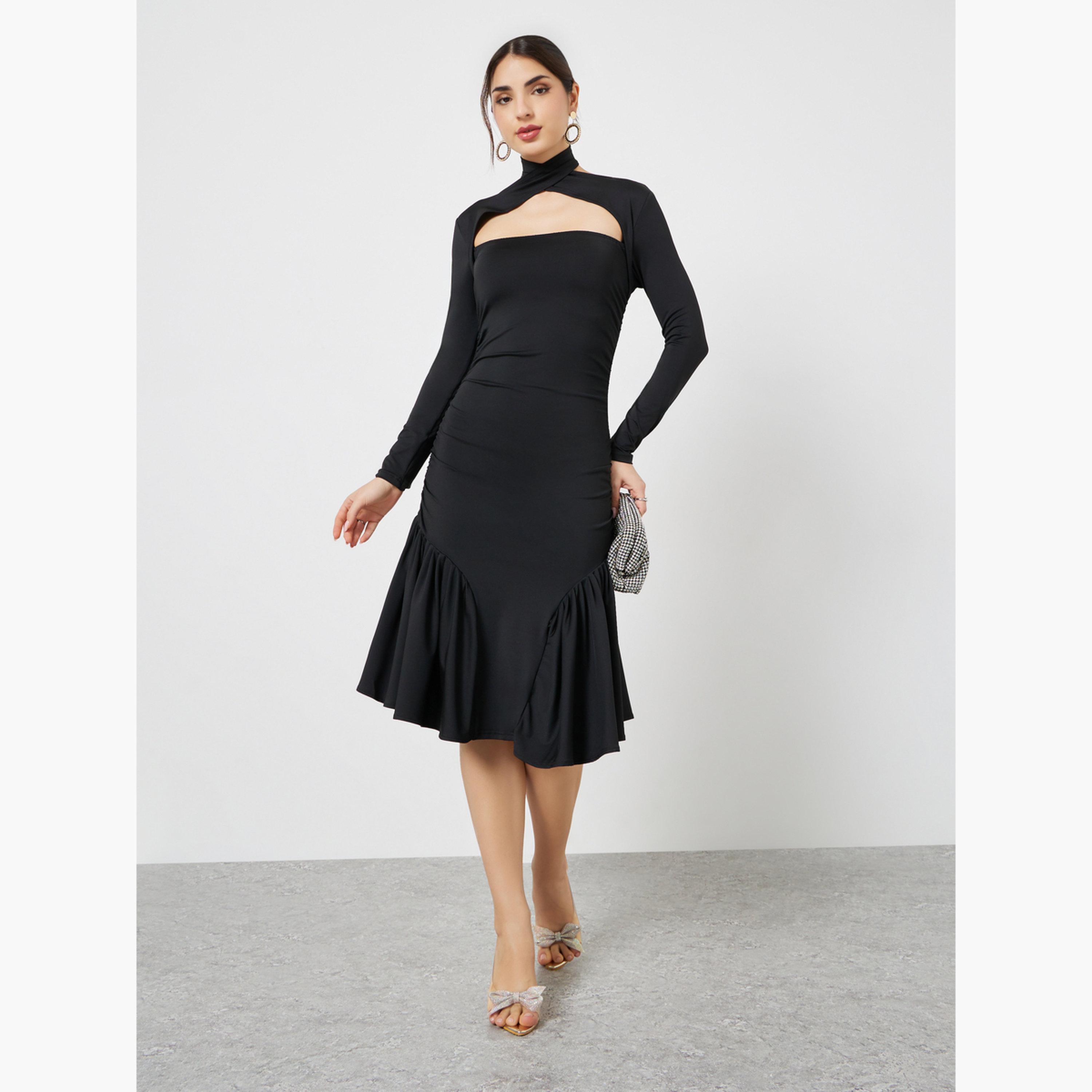 ستايلي - فستان بطول الركبة أسود مع فتحة على الكتف-women-clothing-dresses-image-2
