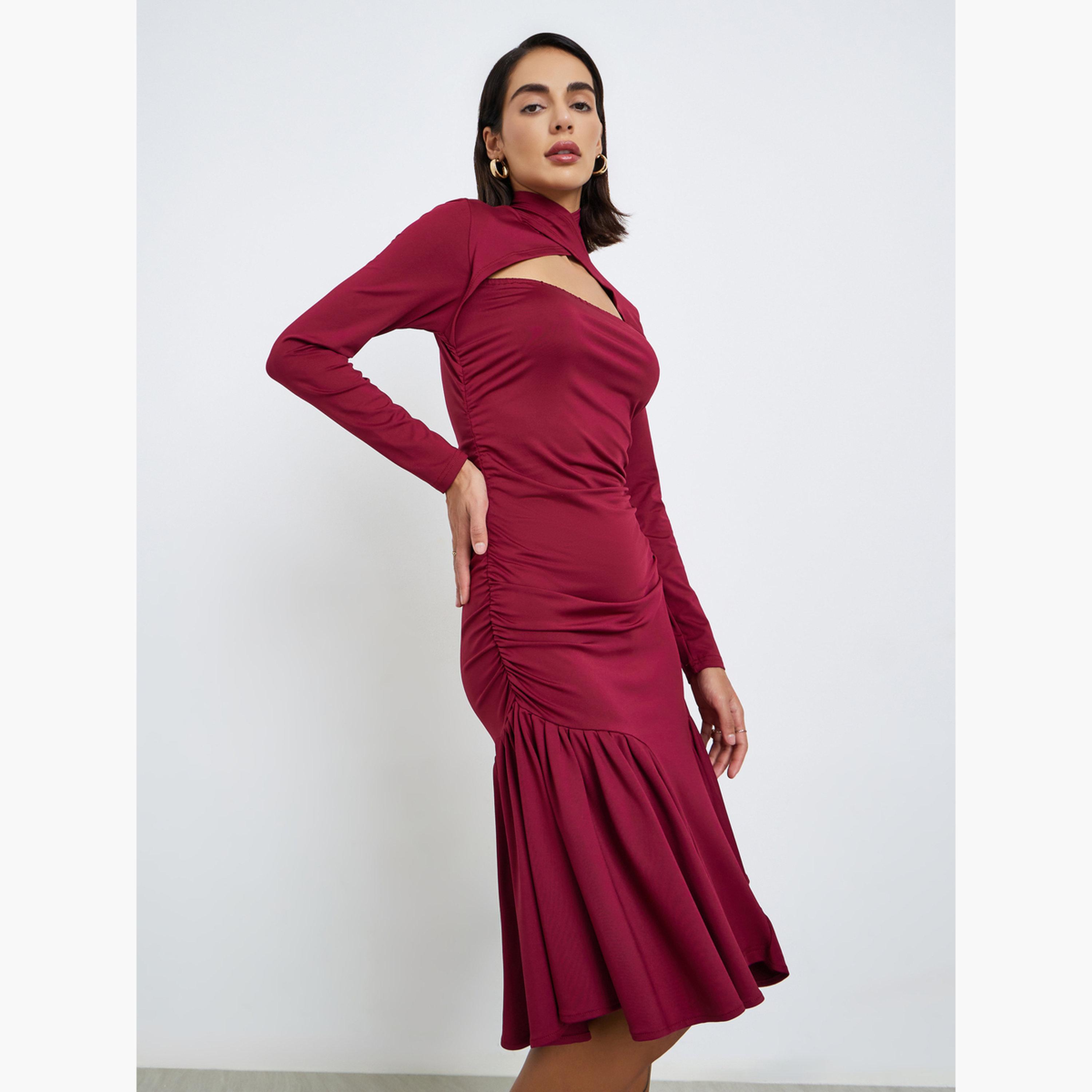 ستايلي - فستان بطول الركبة أسود مع فتحة على الكتف-women-clothing-dresses-image-1