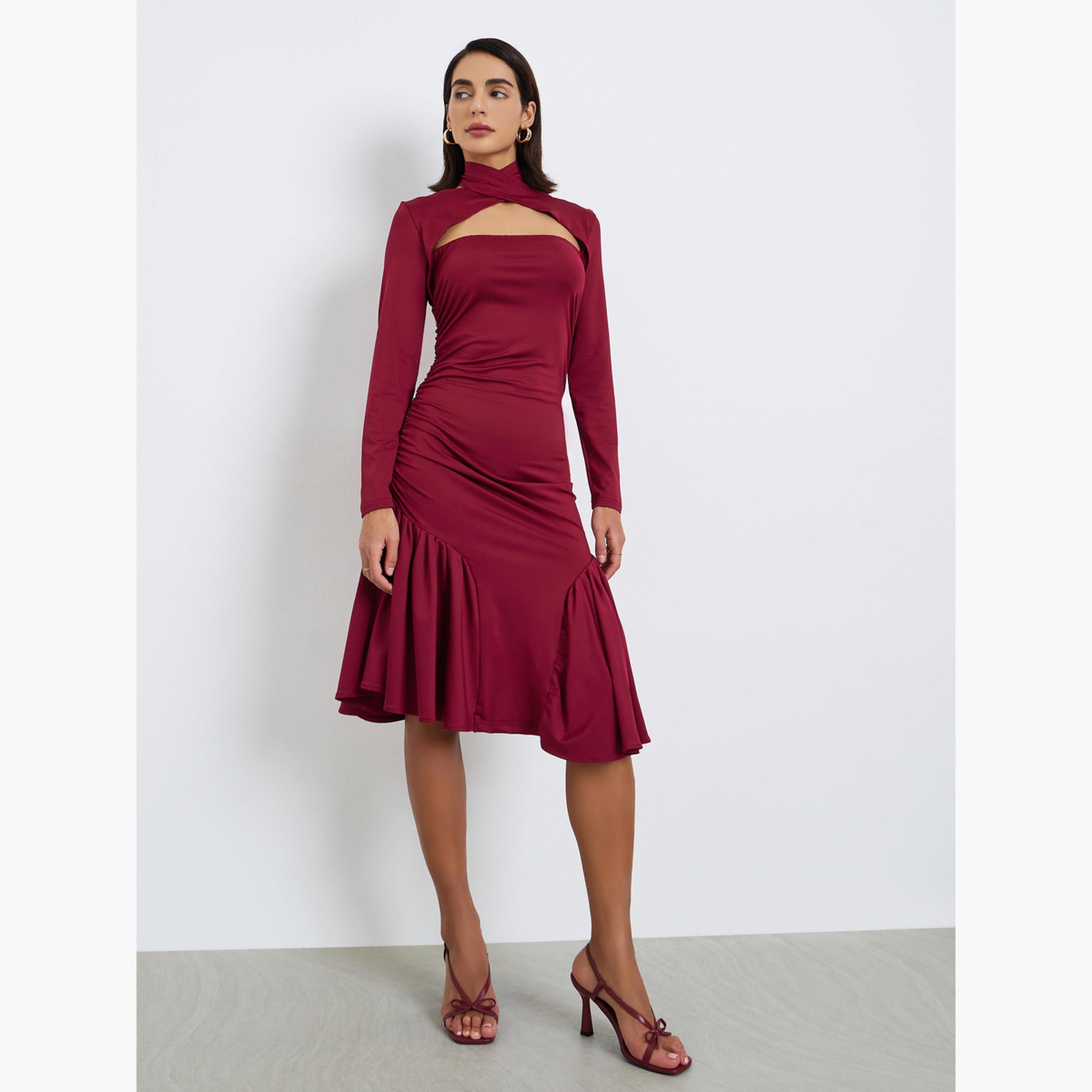 ستايلي - فستان بطول الركبة أسود مع فتحة على الكتف-women-clothing-dresses-image-2