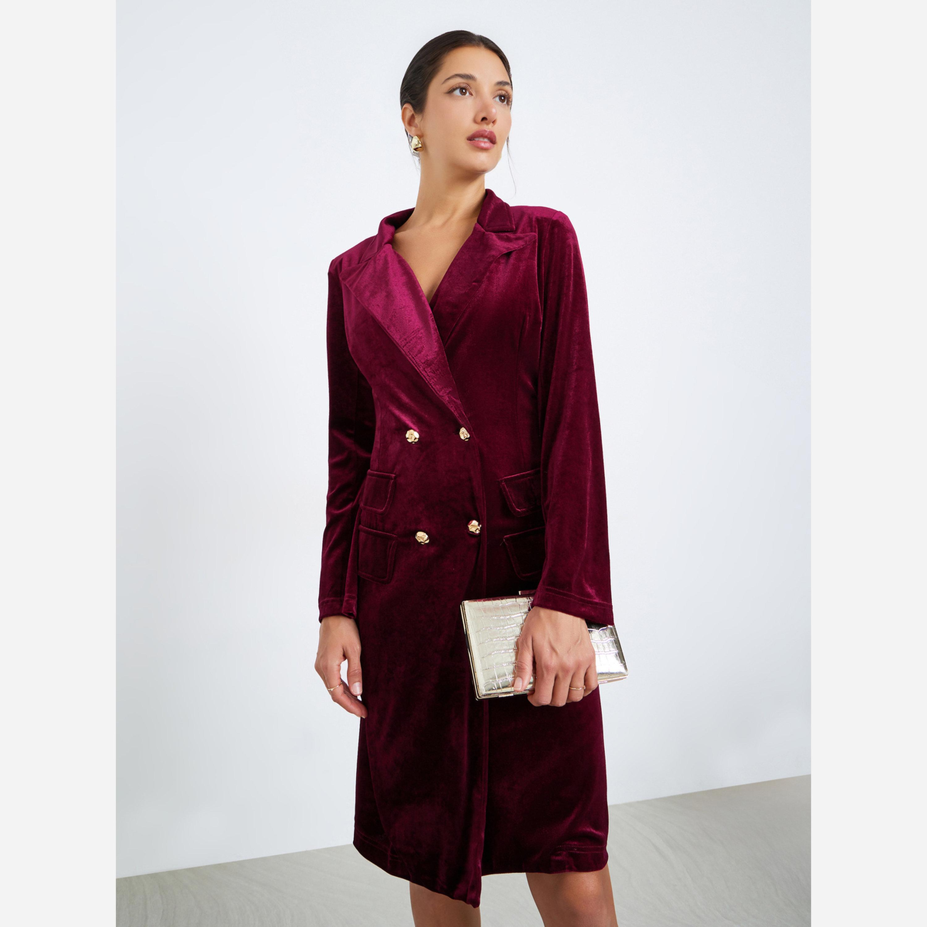 ستايلي - بليزر مخملي برغندي اللون للنساء، فستان بطول الركبة-women-clothing-dresses-image-1