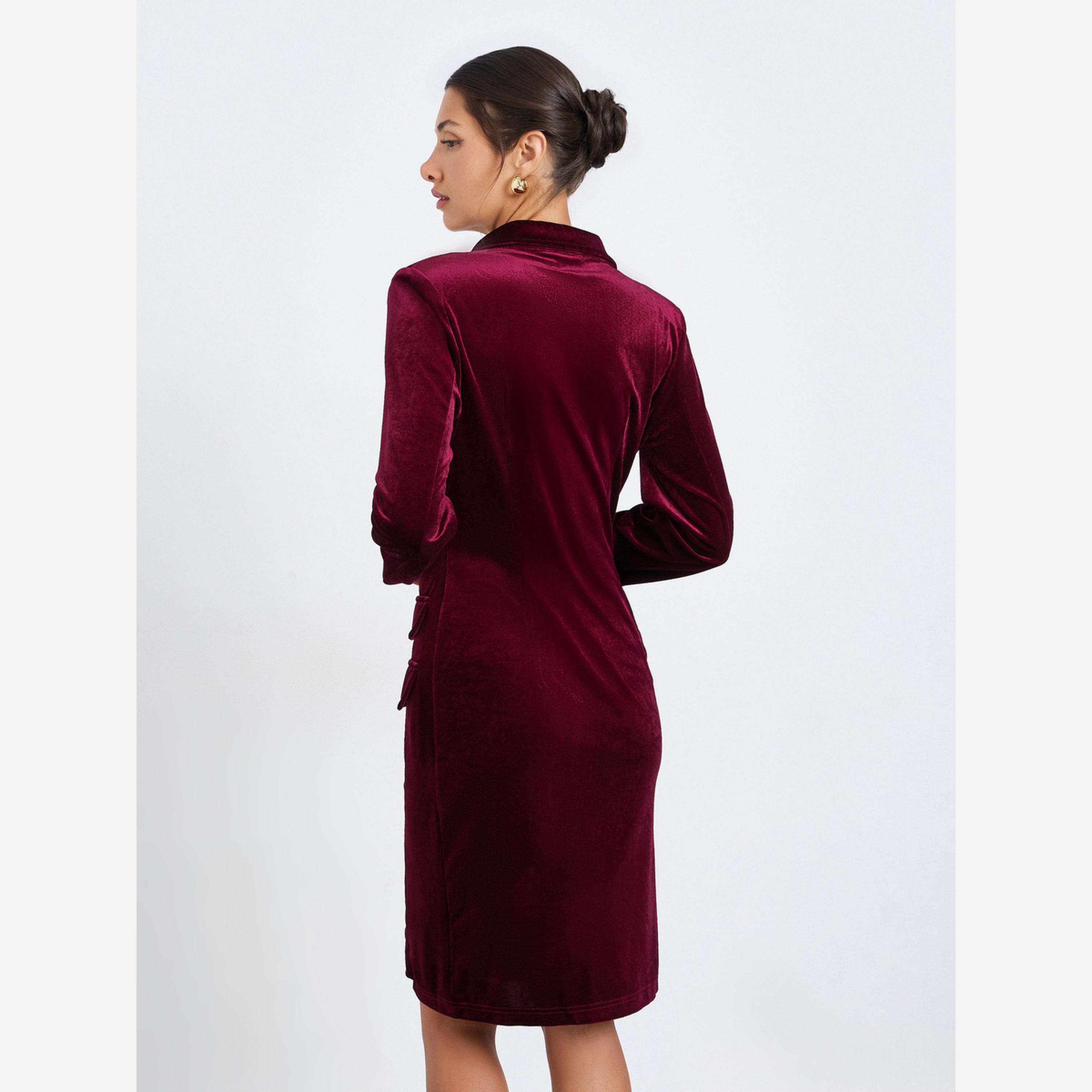 ستايلي - بليزر مخملي برغندي اللون للنساء، فستان بطول الركبة-women-clothing-dresses-image-3
