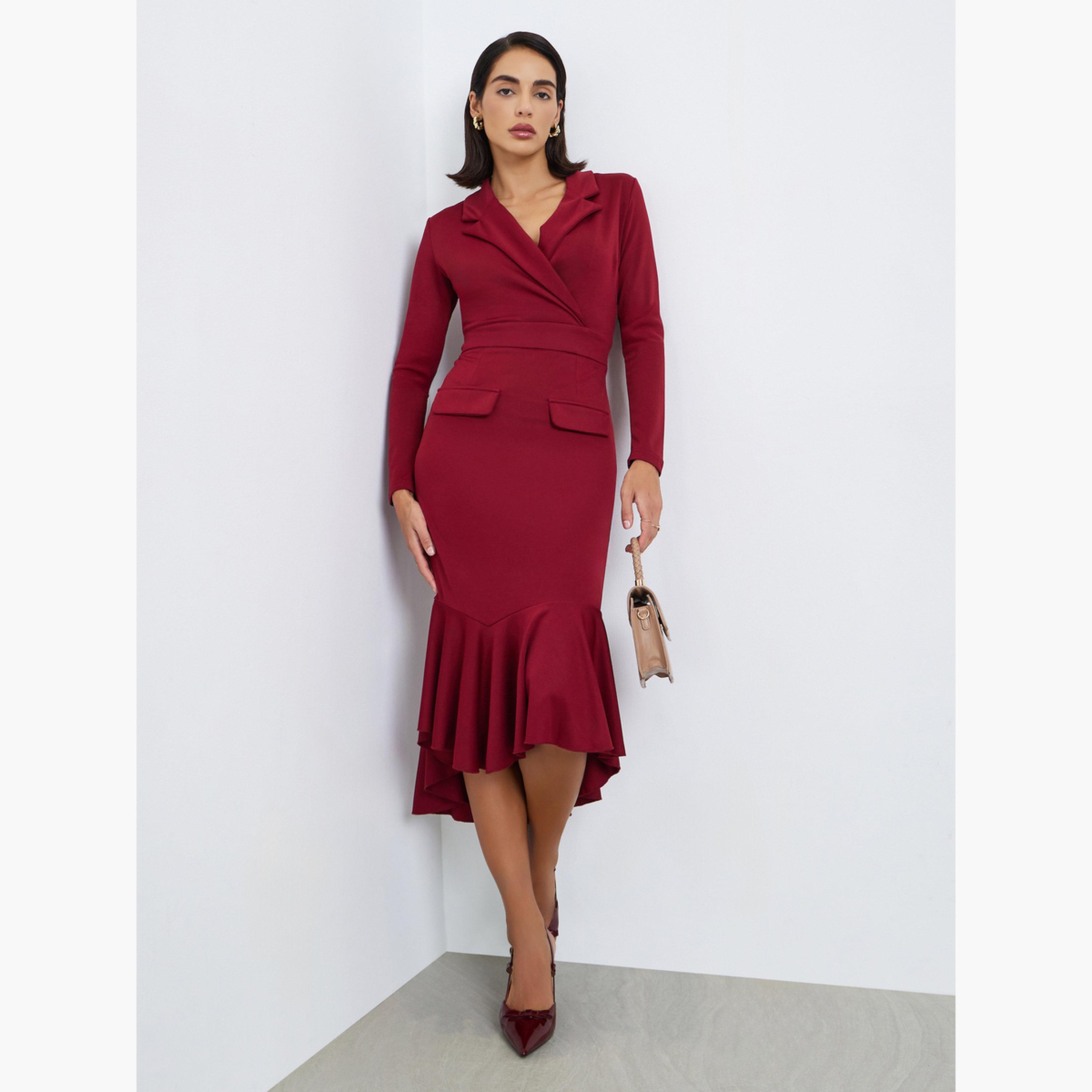 ستايلي - فستان متوسط ​​الطول بحافة حورية البحر لون مارون-women-clothing-dresses-image-1