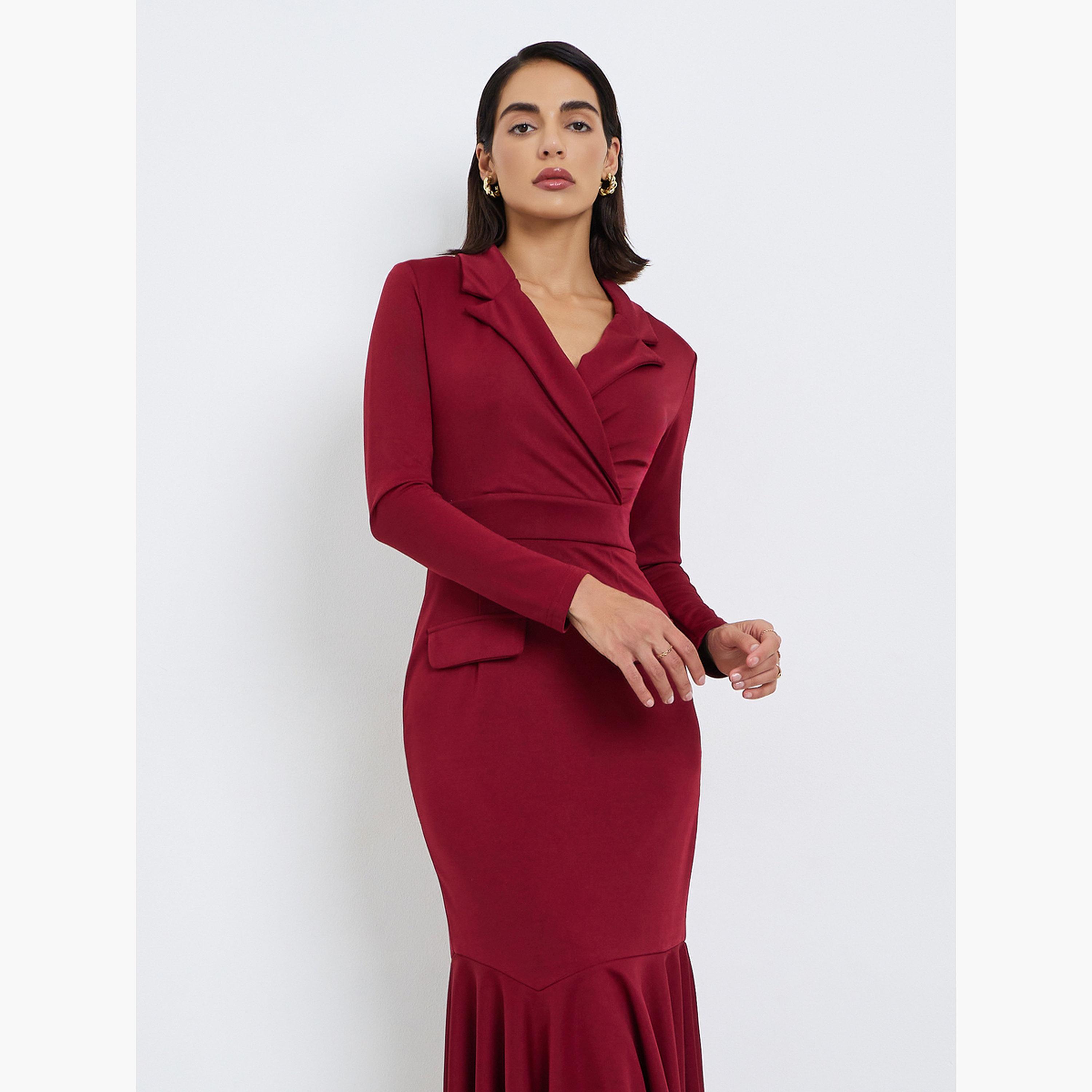 ستايلي - فستان متوسط ​​الطول بحافة حورية البحر لون مارون-women-clothing-dresses-image-2