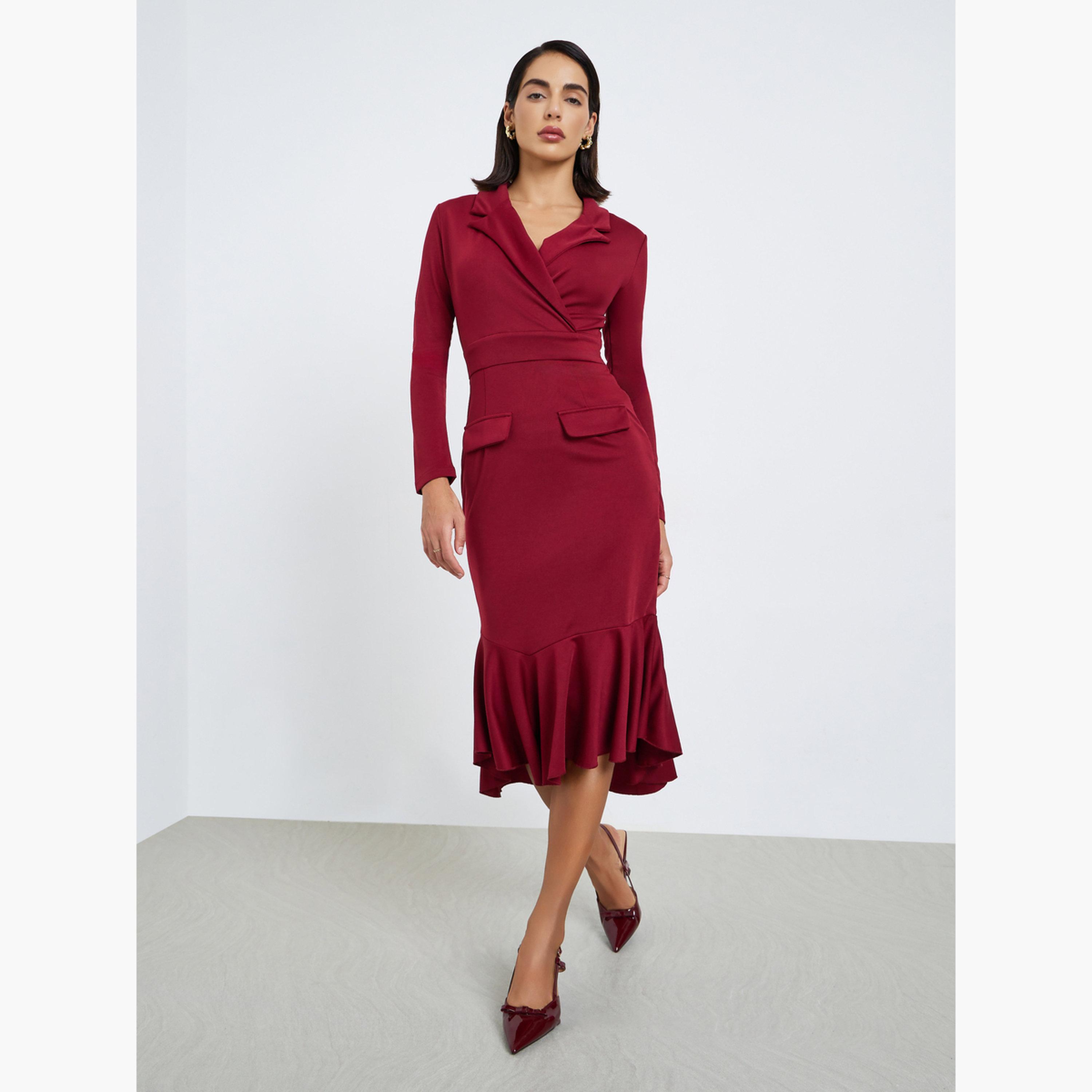 ستايلي - فستان متوسط ​​الطول بحافة حورية البحر لون مارون-women-clothing-dresses-image-3