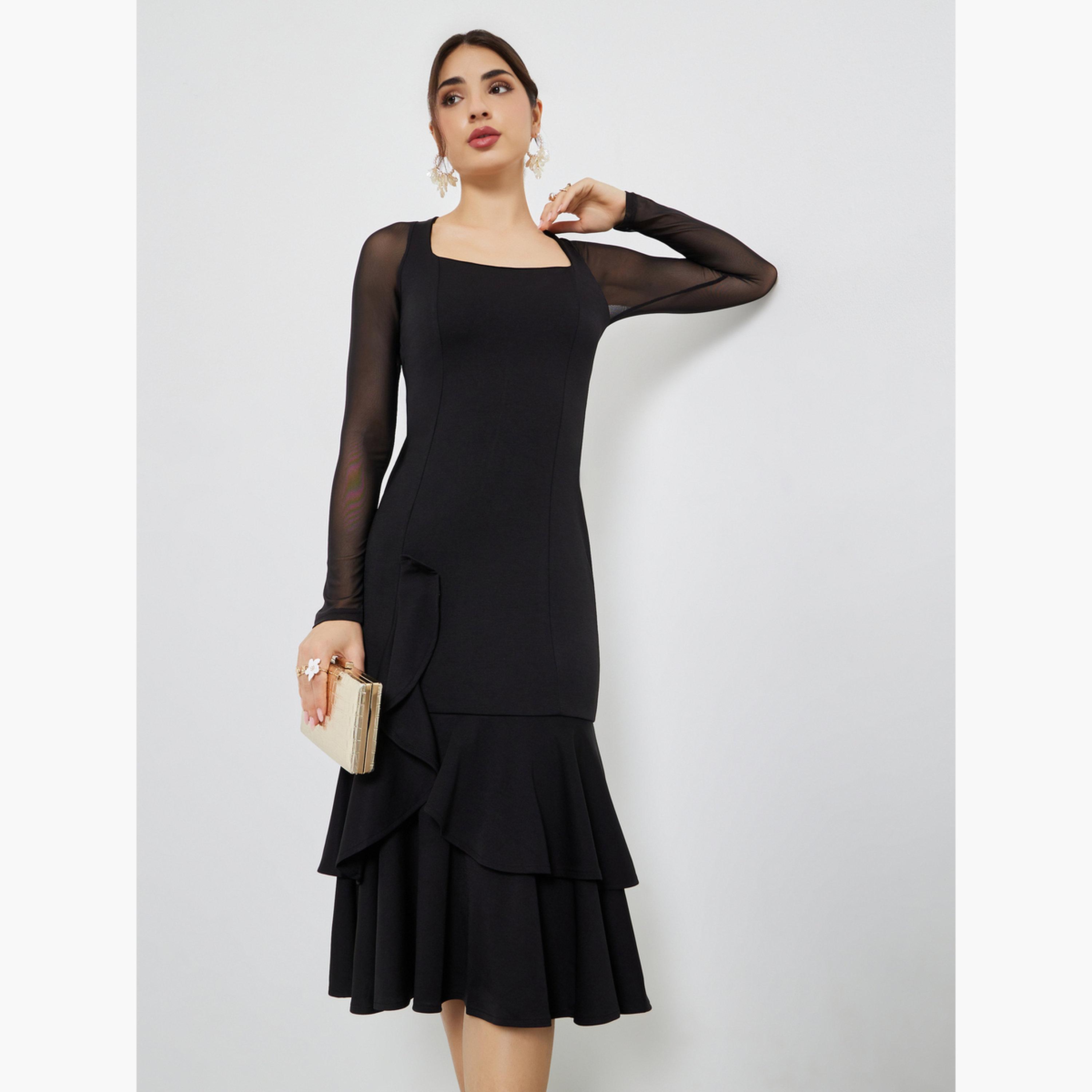 Styli Black Mesh Long Sleeves Mermaid Hem Midi Dress-women-clothing-dresses-image-1