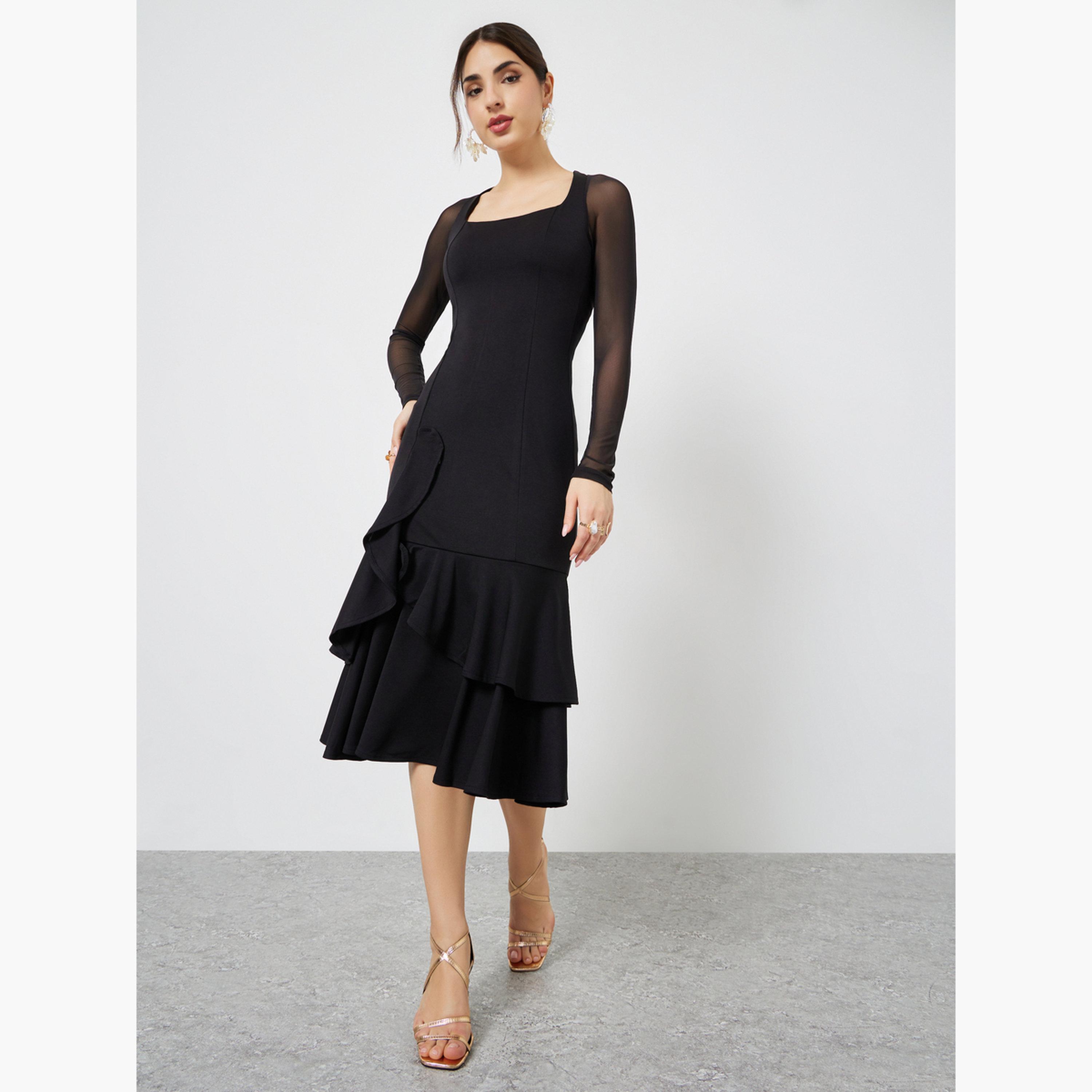 ستايلي - فستان متوسط الطول أسود بأكمام مشبكة طويلة وحافة ذيل الحورية-women-clothing-dresses-image-2