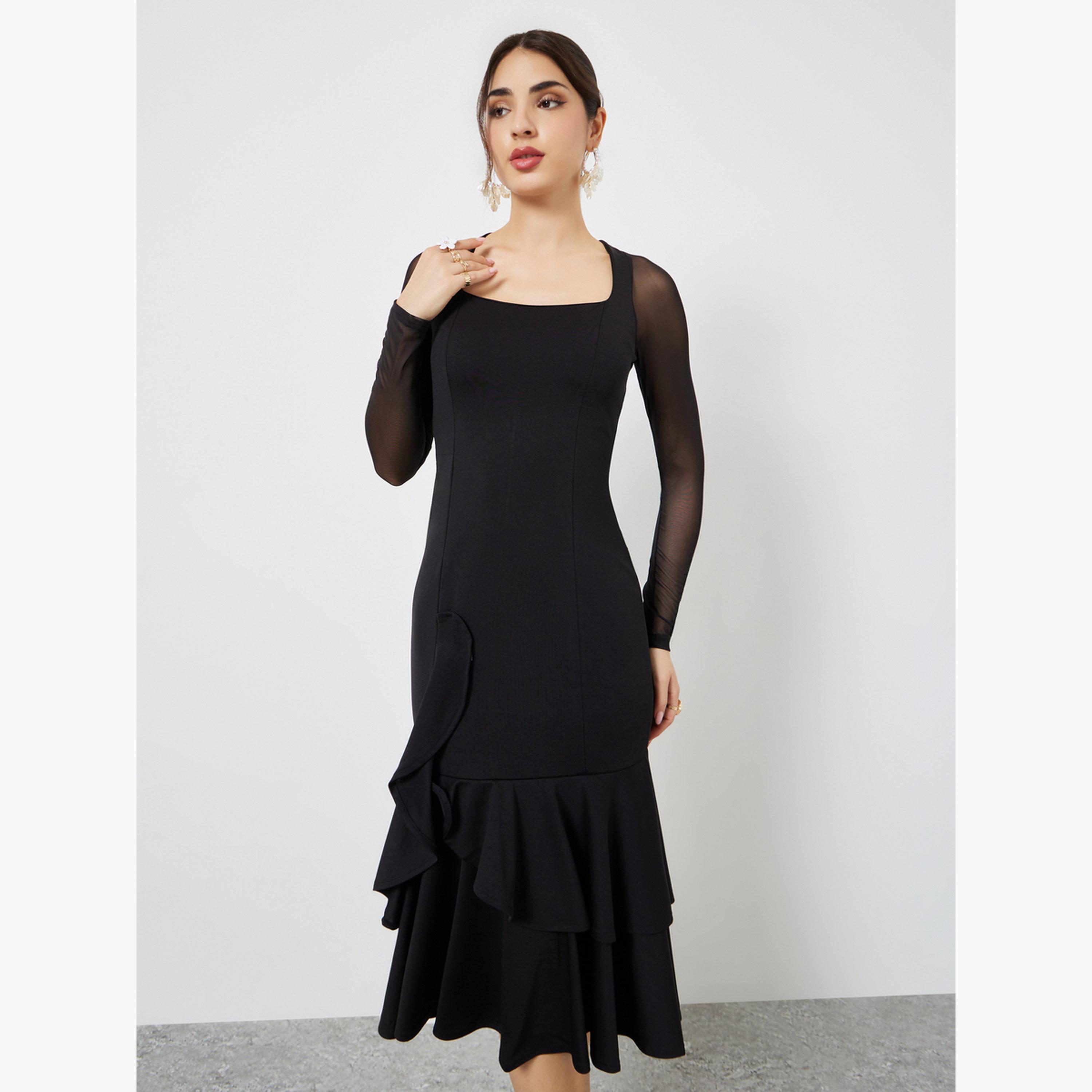 ستايلي - فستان متوسط الطول أسود بأكمام مشبكة طويلة وحافة ذيل الحورية-women-clothing-dresses-image-3