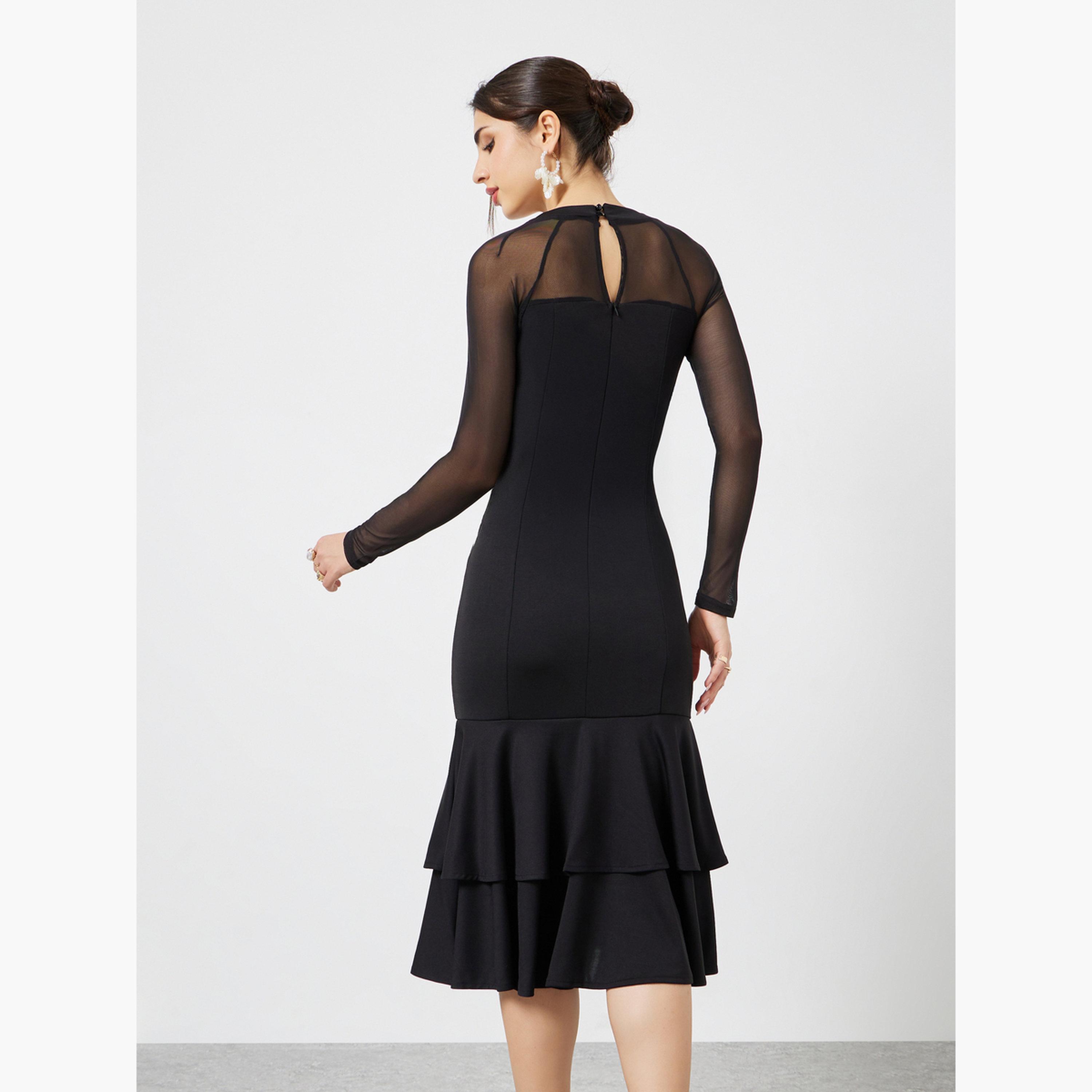 ستايلي - فستان متوسط الطول أسود بأكمام مشبكة طويلة وحافة ذيل الحورية-women-clothing-dresses-image-4