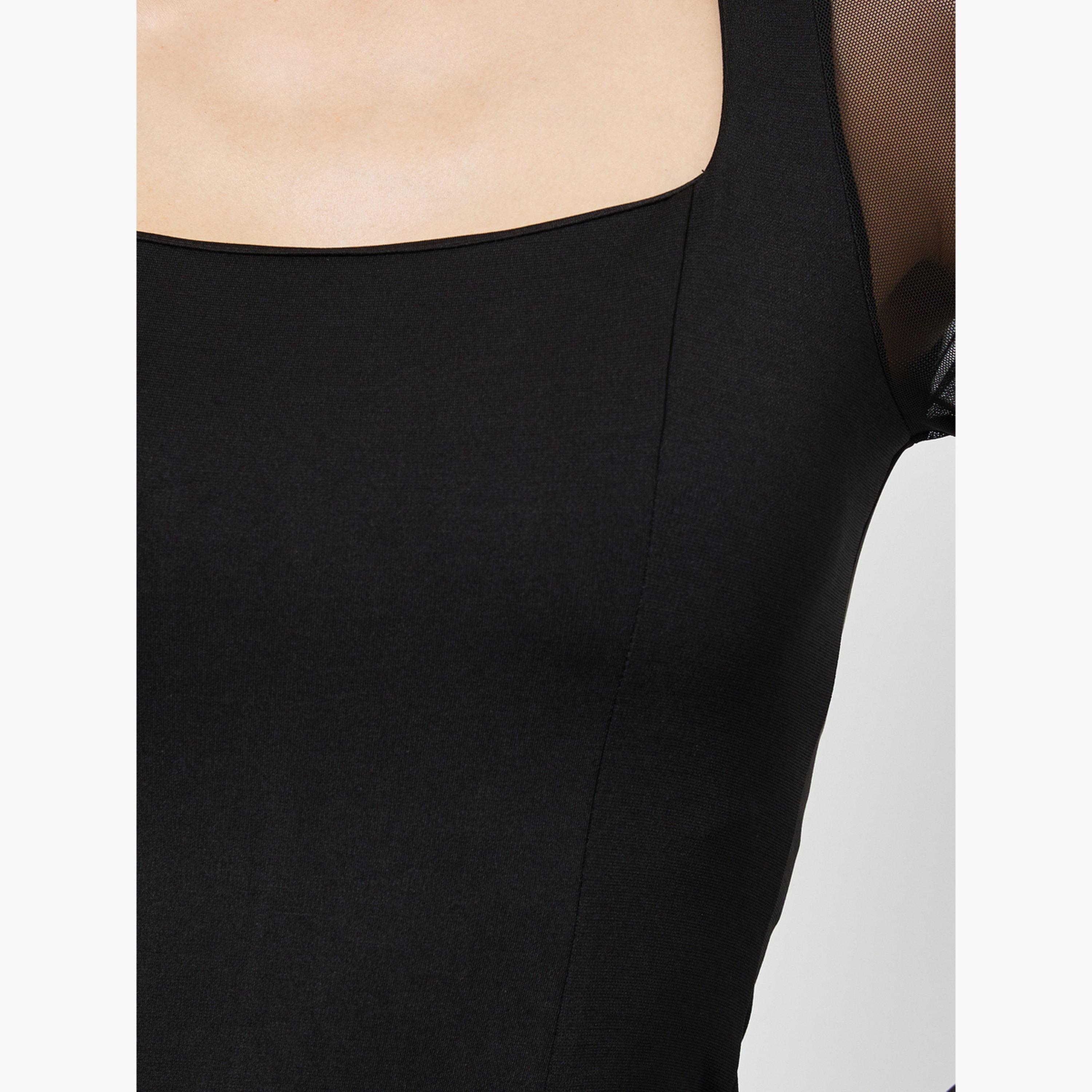 ستايلي - فستان متوسط الطول أسود بأكمام مشبكة طويلة وحافة ذيل الحورية-women-clothing-dresses-image-5