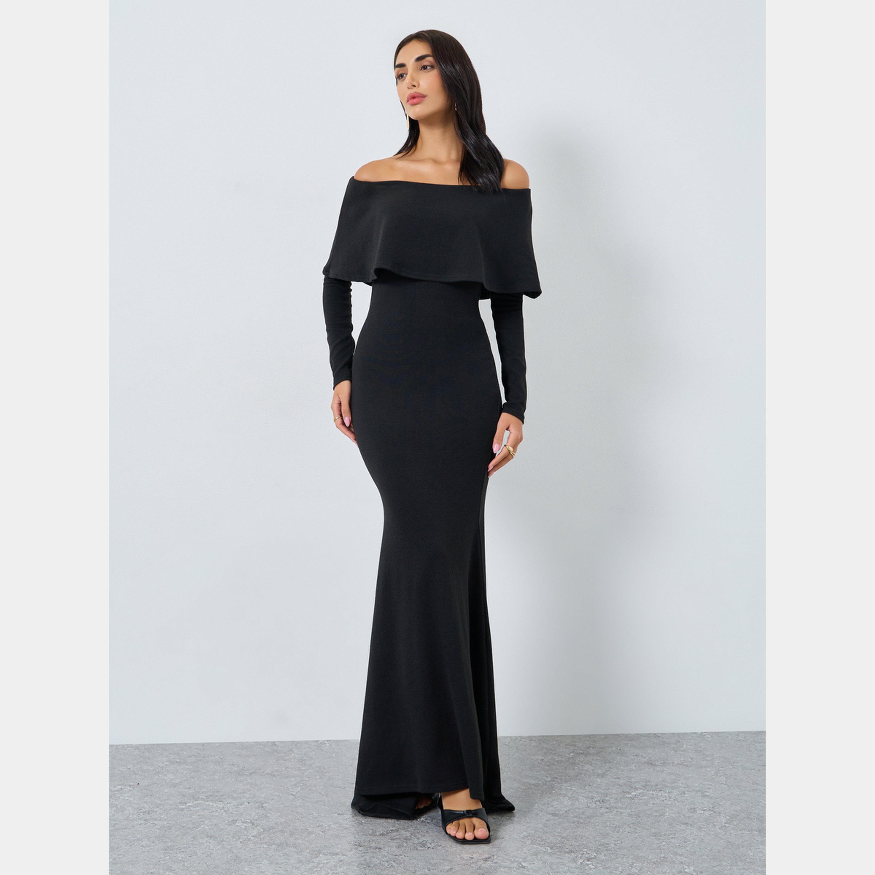 Styli Black Solid Off Shoulder Long Sleeves Women's A-line Maxi Dress-women-clothing-dresses-image-1