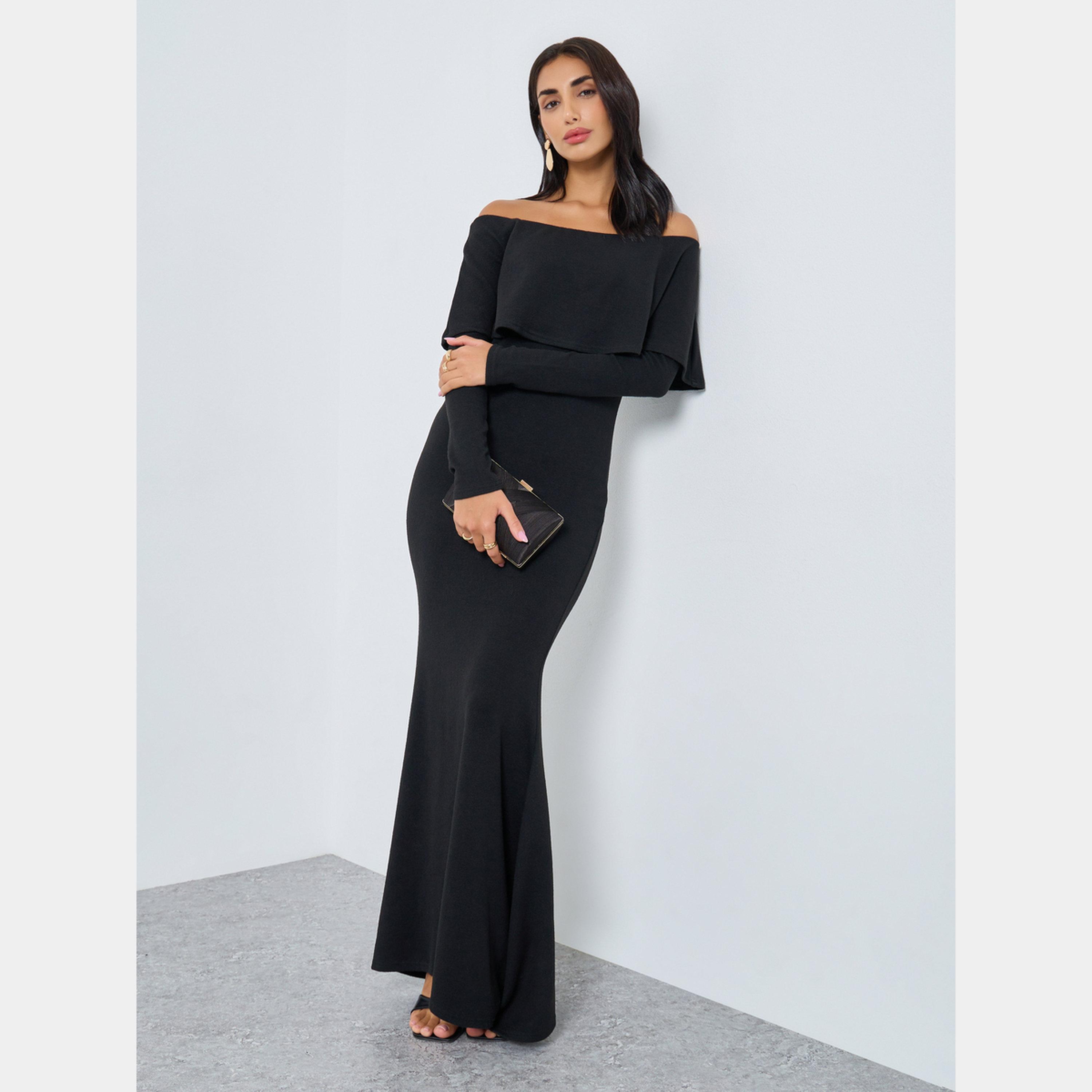 Styli Black Solid Off Shoulder Long Sleeves Women's A-line Maxi Dress-women-clothing-dresses-image-2