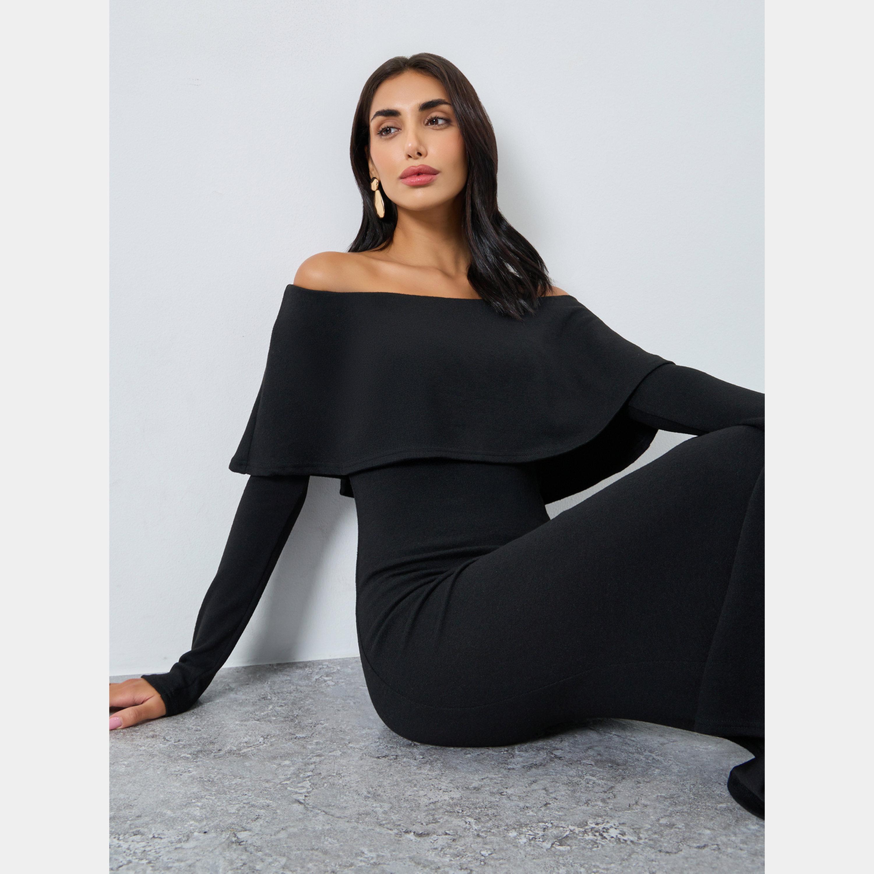 Styli Black Solid Off Shoulder Long Sleeves Women's A-line Maxi Dress-women-clothing-dresses-image-3