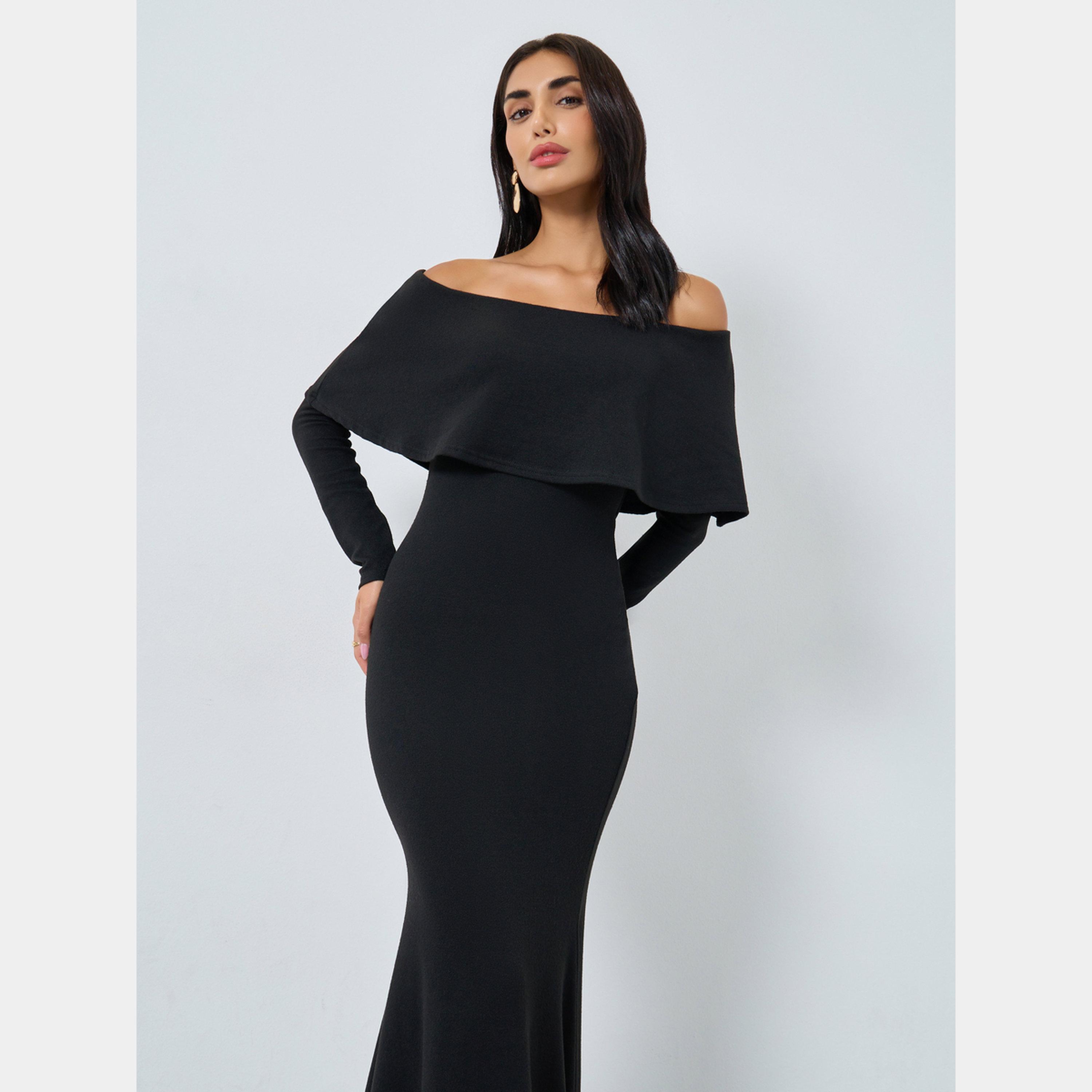 Styli Black Solid Off Shoulder Long Sleeves Women's A-line Maxi Dress-women-clothing-dresses-image-4