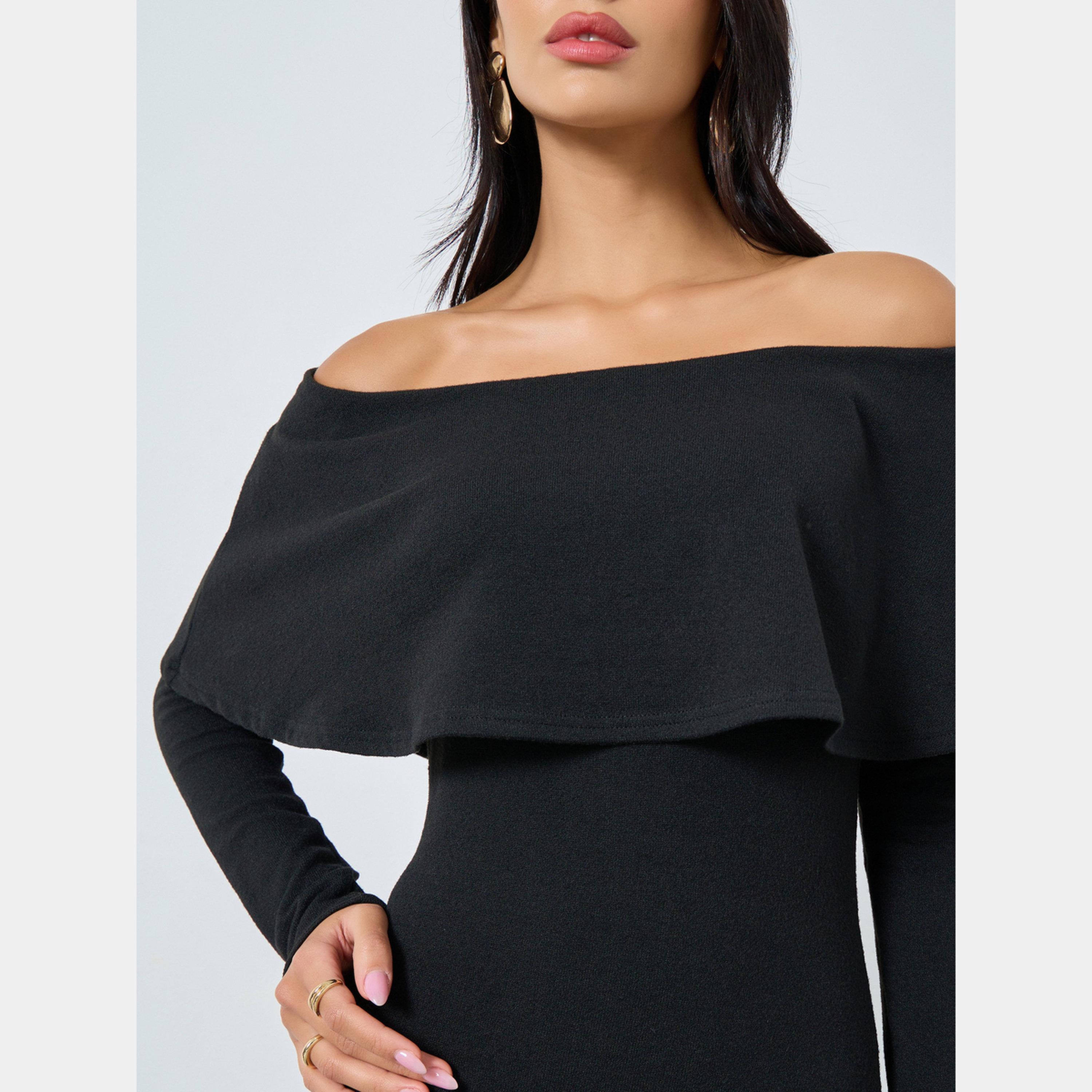 Styli Black Solid Off Shoulder Long Sleeves Women's A-line Maxi Dress-women-clothing-dresses-image-5