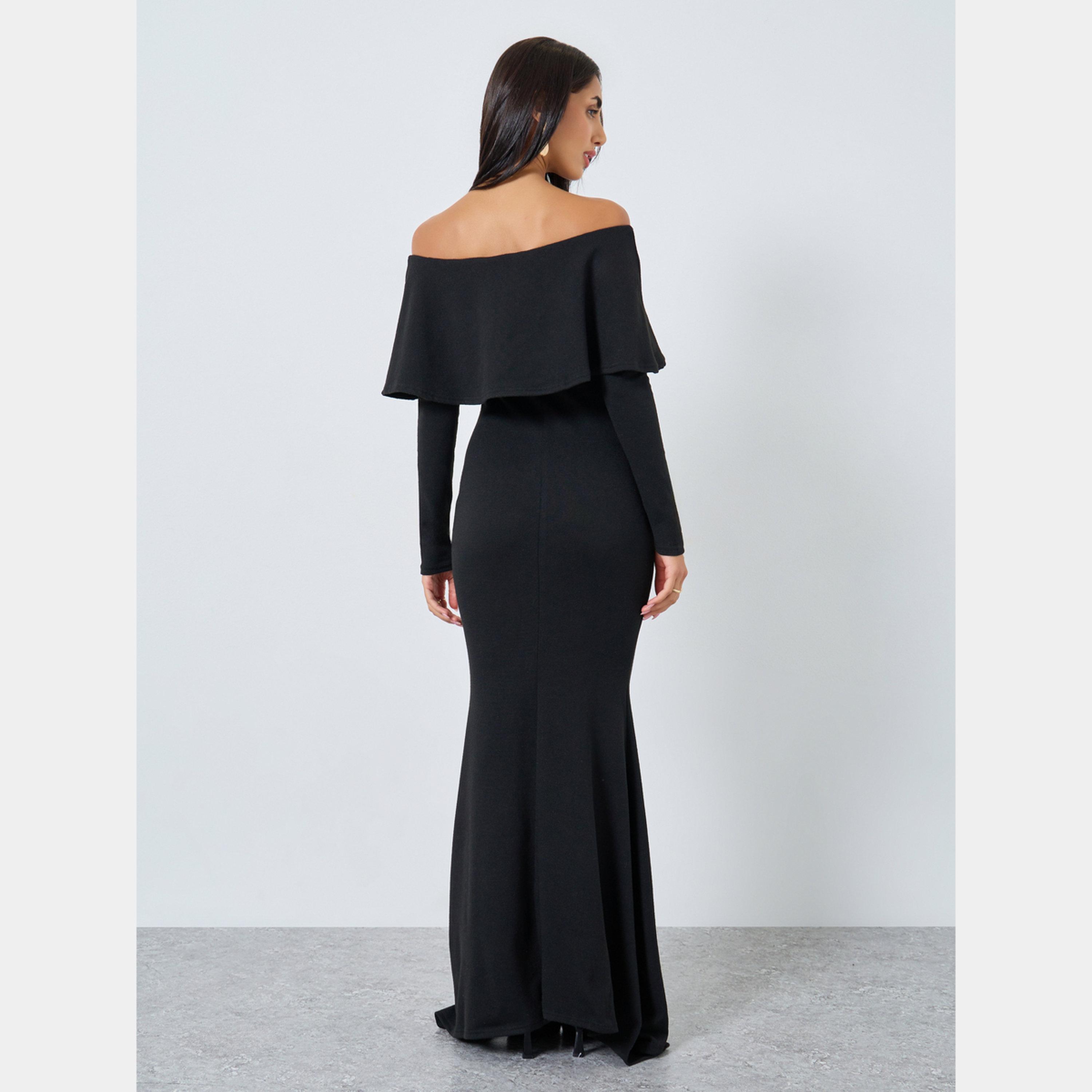Styli Black Solid Off Shoulder Long Sleeves Women's A-line Maxi Dress-women-clothing-dresses-image-6