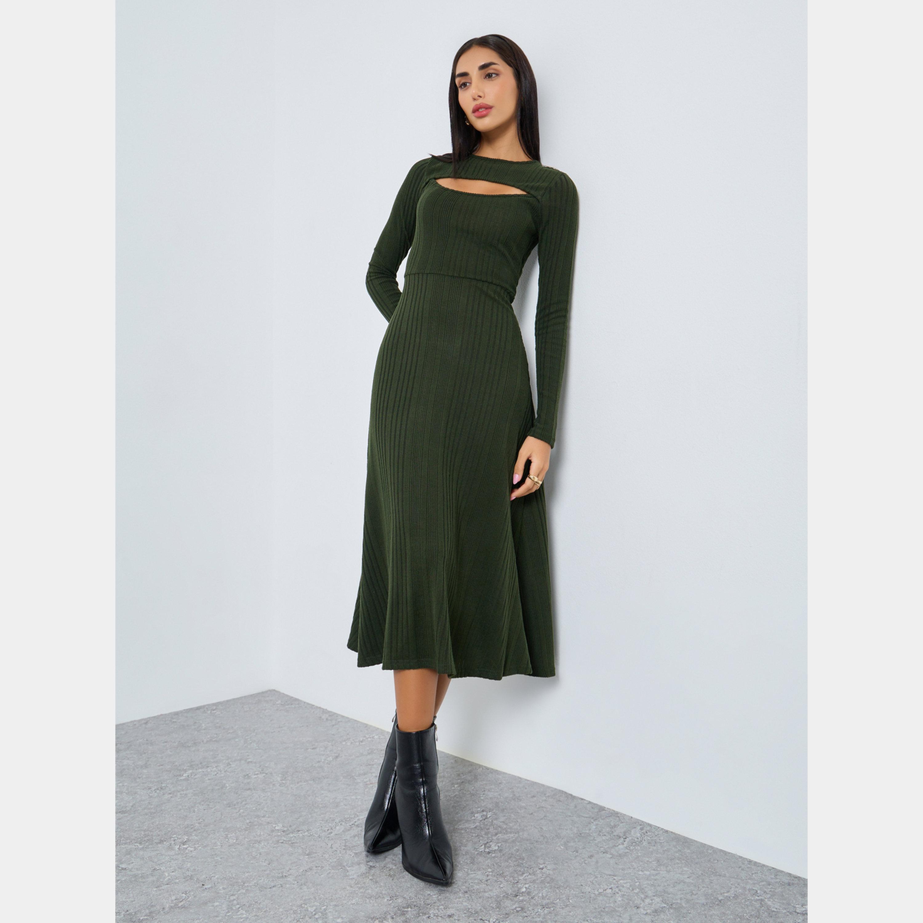 Styli Olive Ribbed Keyhole Cutout Detail Long Sleeves Women's A-line Midi Dress-women-clothing-dresses-image-1