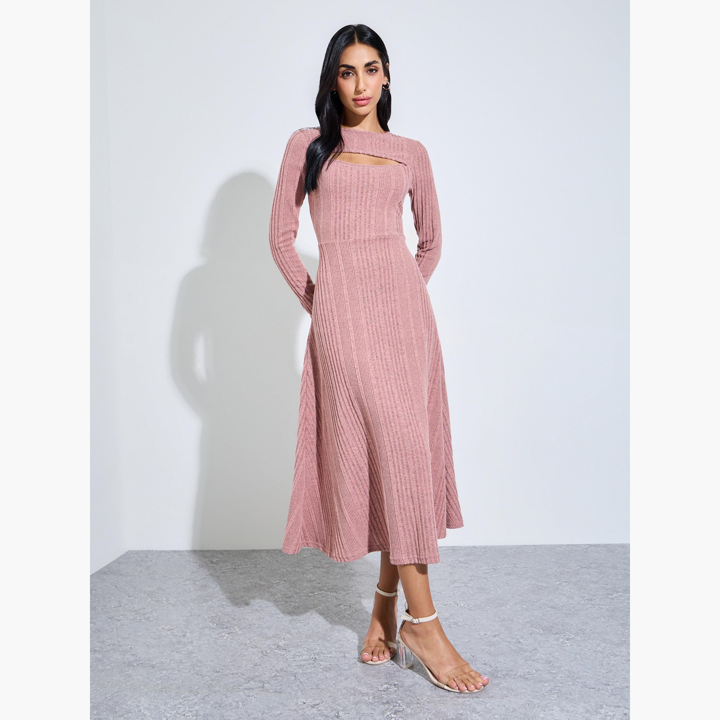 Styli Pink Ribbed Knit Midi Dress with Cutout-women-clothing-dresses-image-1