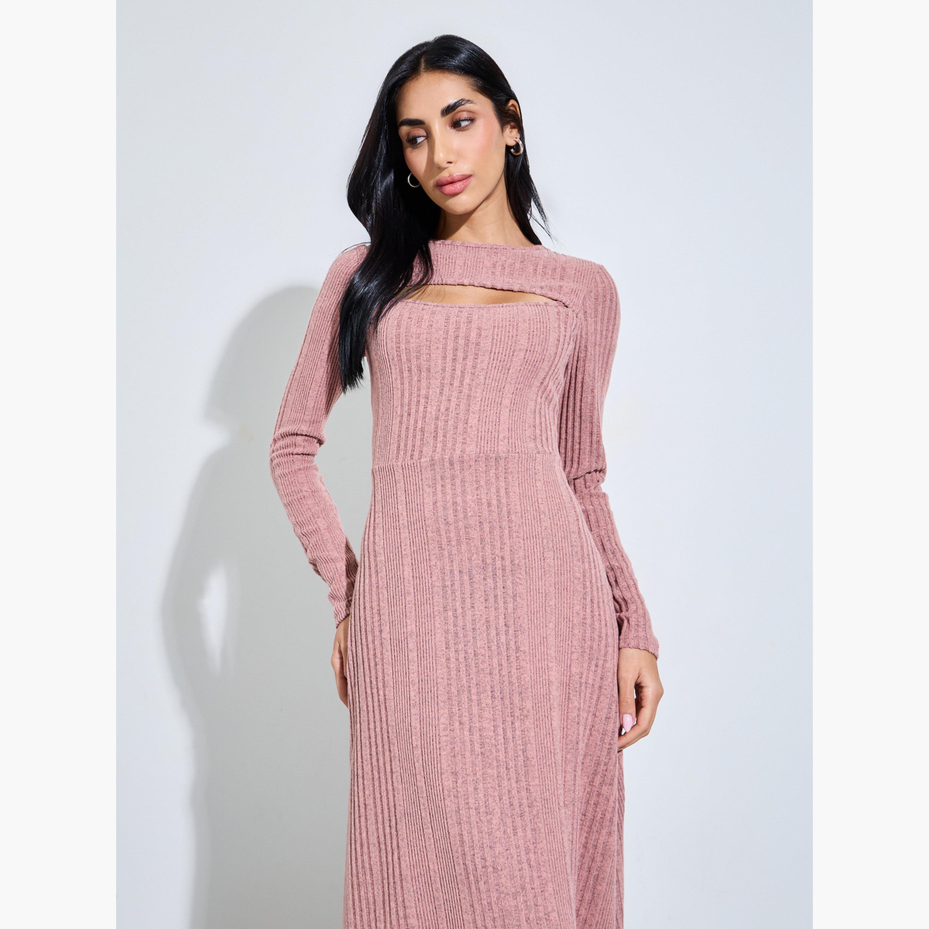 Styli Pink Ribbed Knit Midi Dress with Cutout-women-clothing-dresses-image-2