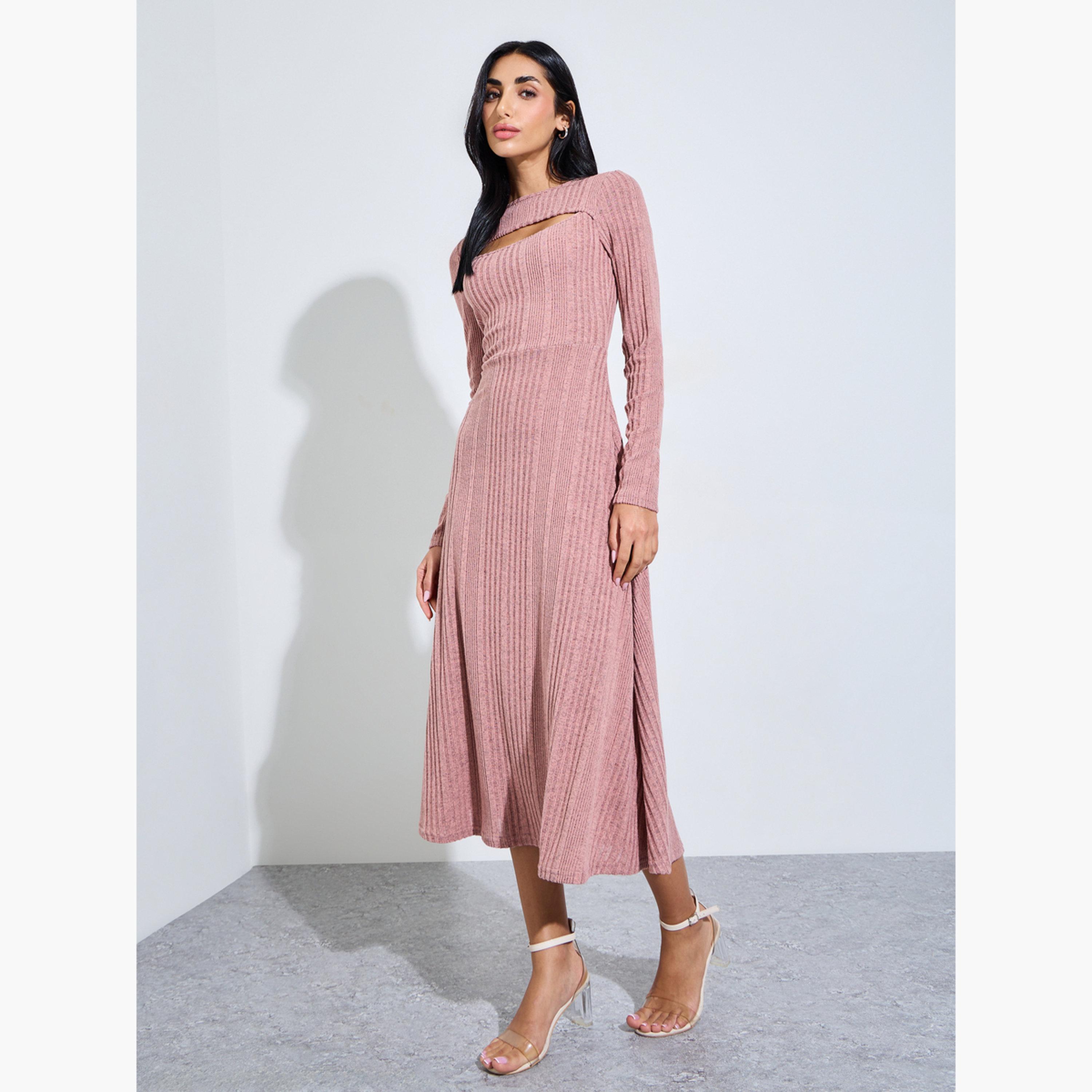 Styli Pink Ribbed Knit Midi Dress with Cutout-women-clothing-dresses-image-3