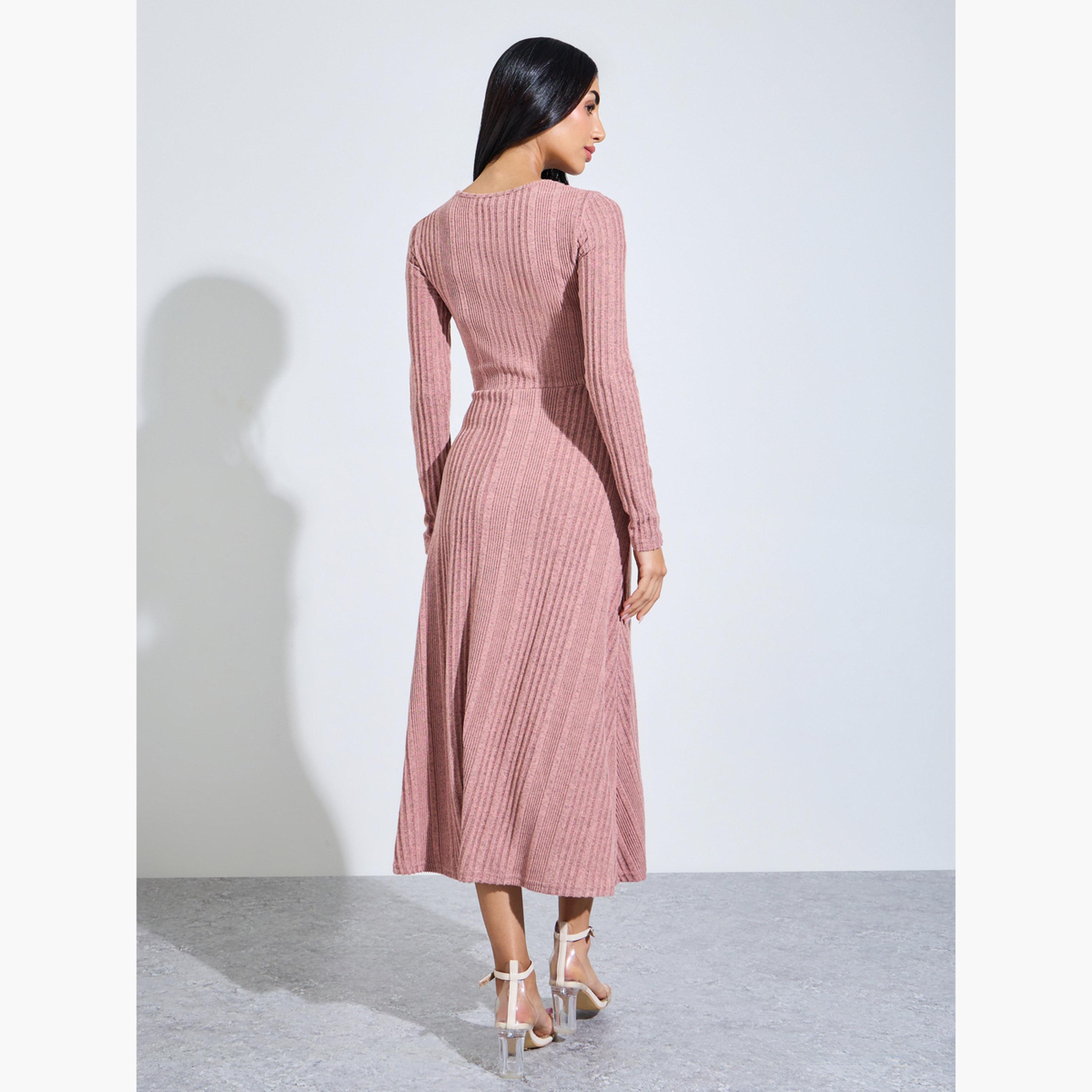Styli Pink Ribbed Knit Midi Dress with Cutout-women-clothing-dresses-image-4