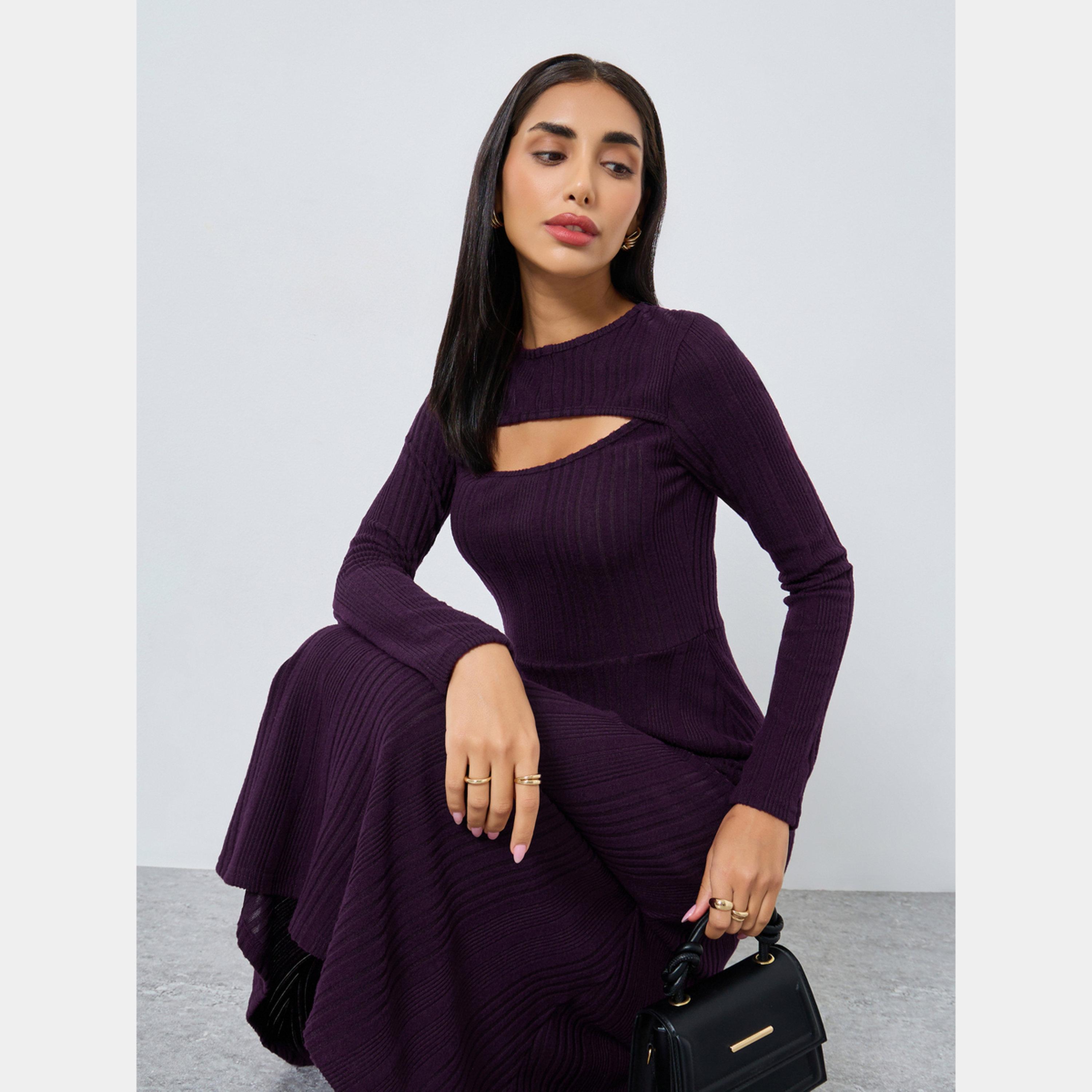 ستايلي - فستان نسائي حياكة مضلعة متوسط ​​الطول بأكمام طويلة رقبة على شكل مفتاح بنفسجي-women-clothing-dresses-image-2
