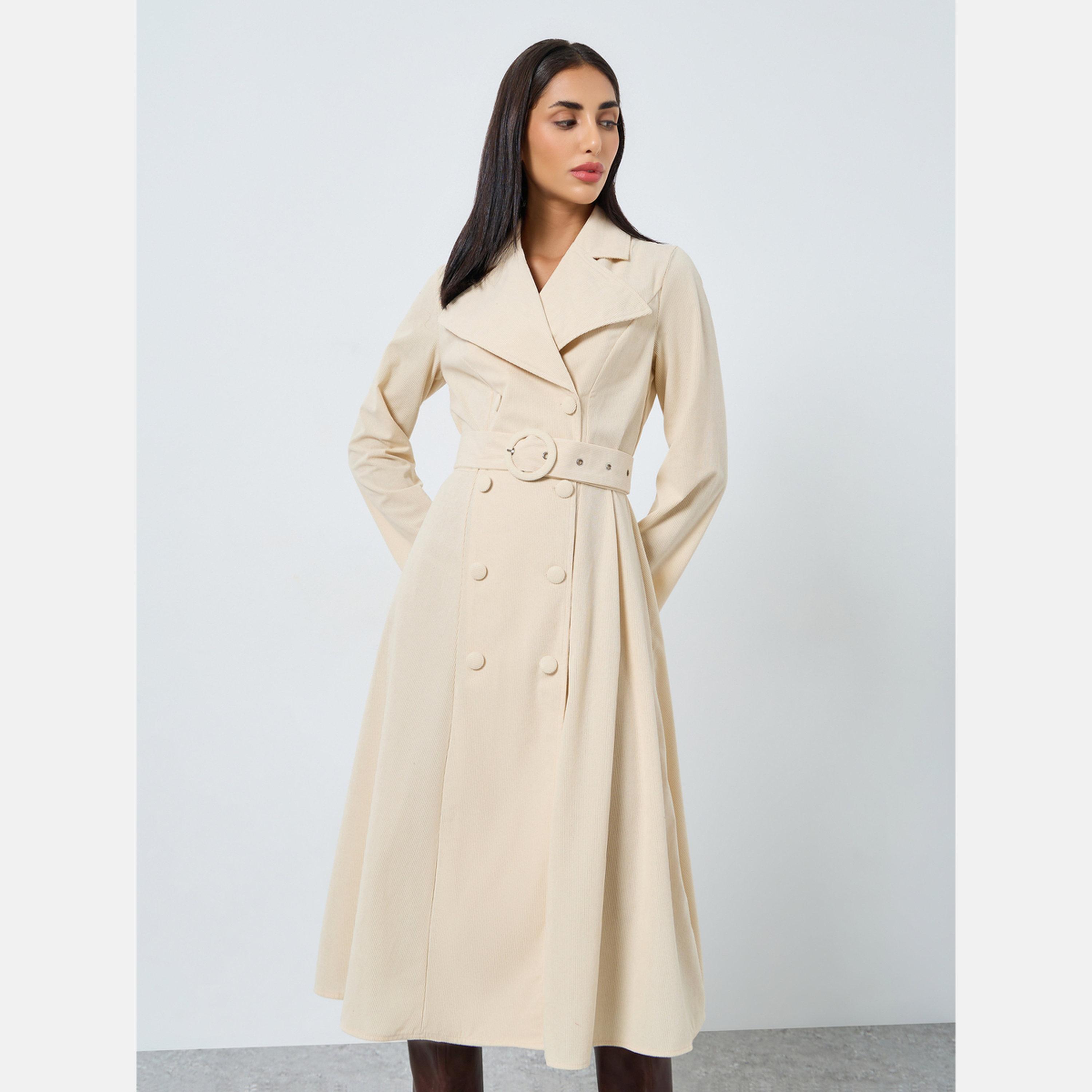 ستايلي - فستان بليزر متوسط ​​الطول بأكمام طويلة باللون البيج-women-clothing-dresses-image-1