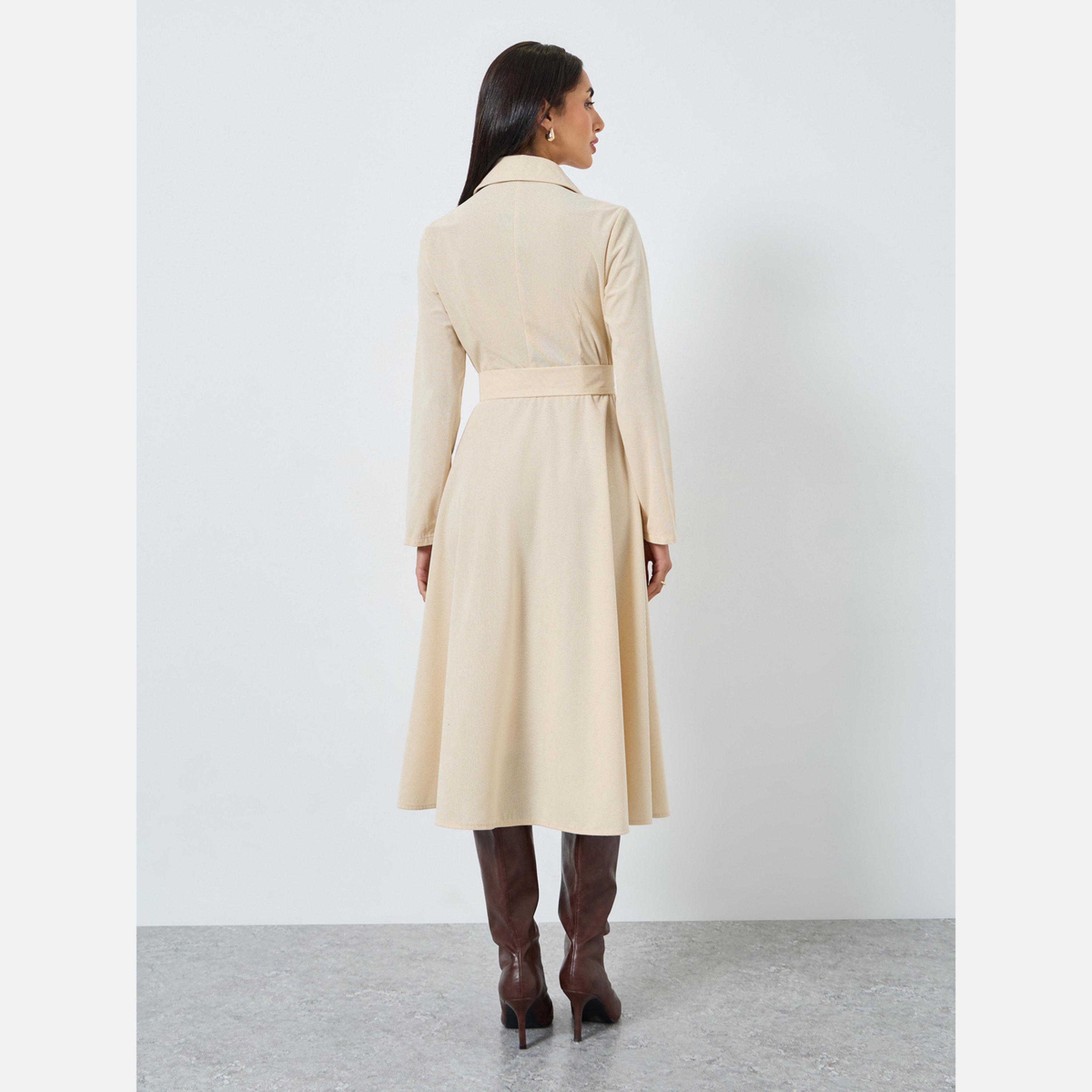 ستايلي - فستان بليزر متوسط ​​الطول بأكمام طويلة باللون البيج-women-clothing-dresses-image-4