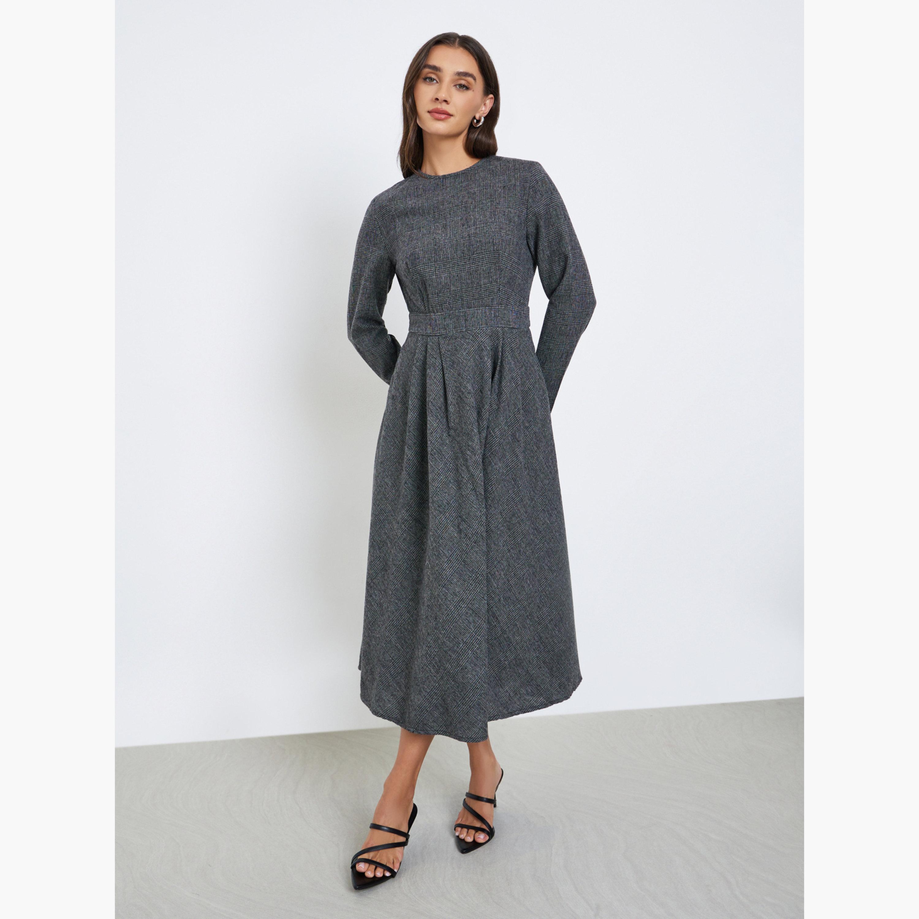Styli Checked Long Sleeves A-Line Midi Dress-women-clothing-dresses-image-1