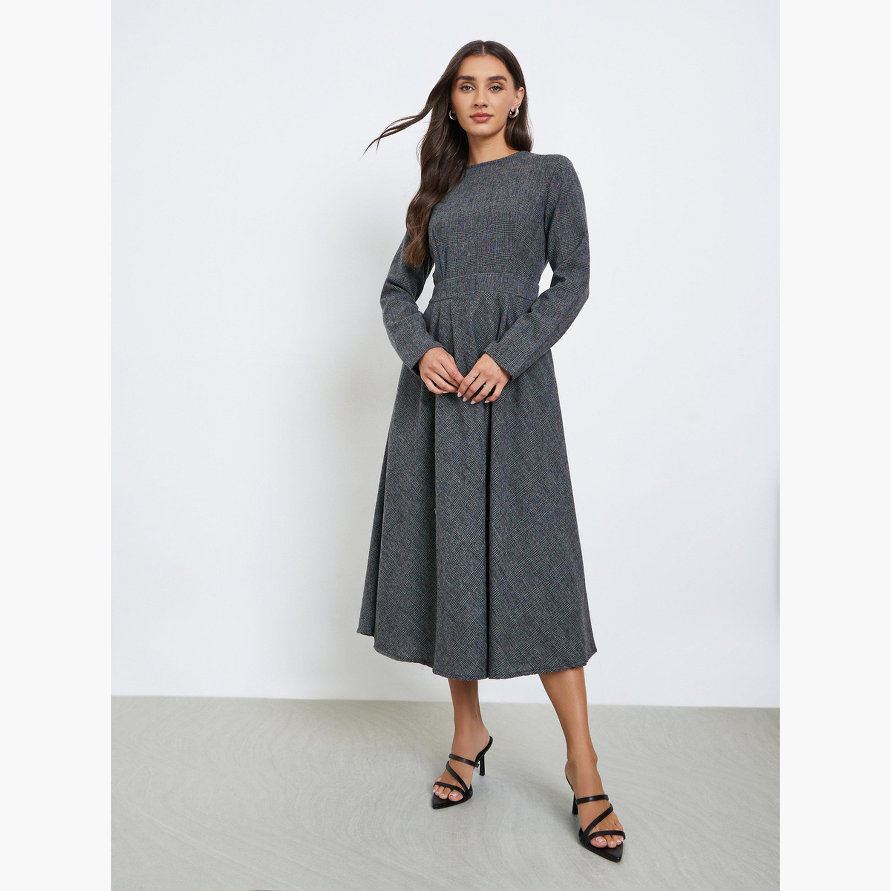 Styli Checked Long Sleeves A-Line Midi Dress-women-clothing-dresses-image-2