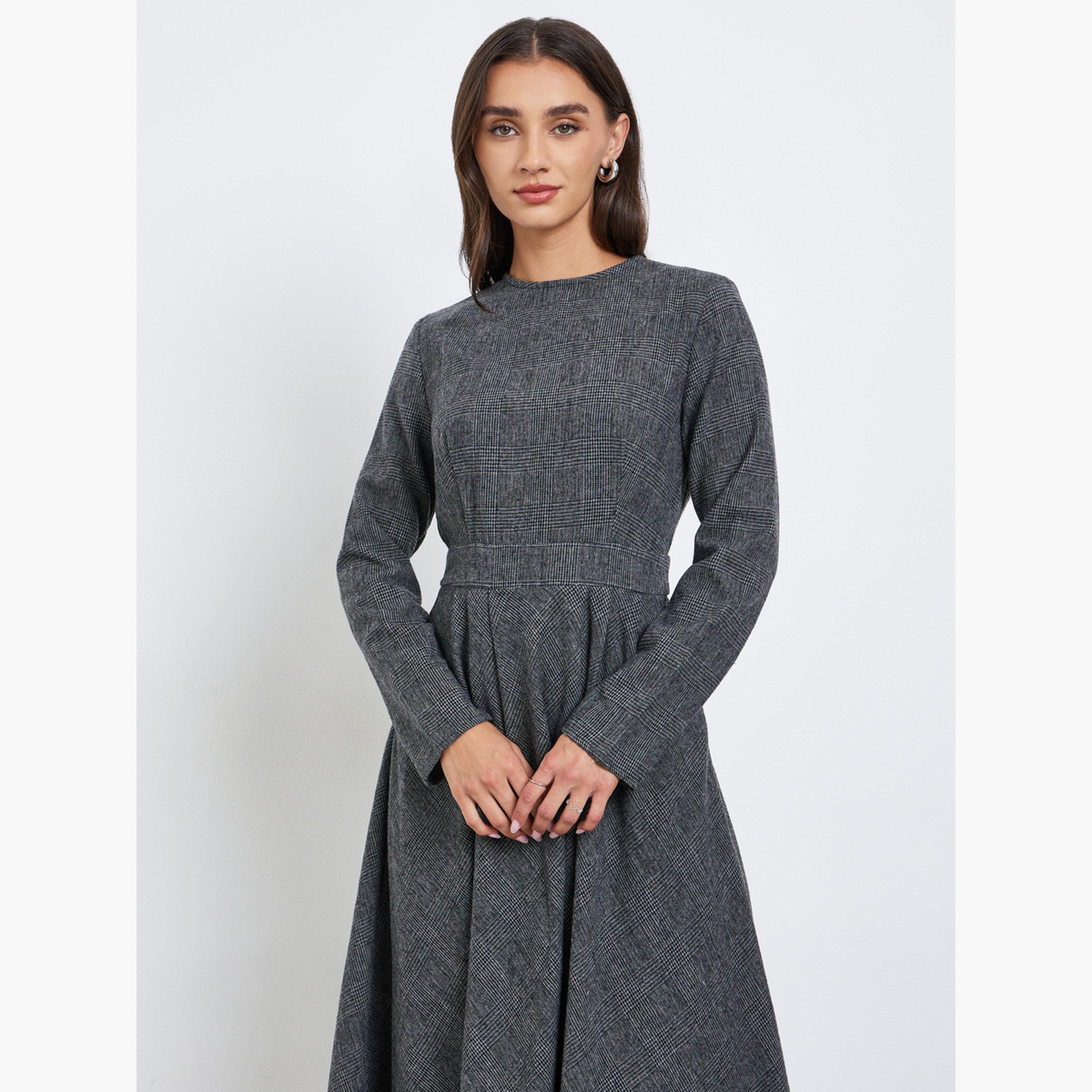 Styli Checked Long Sleeves A-Line Midi Dress-women-clothing-dresses-image-3