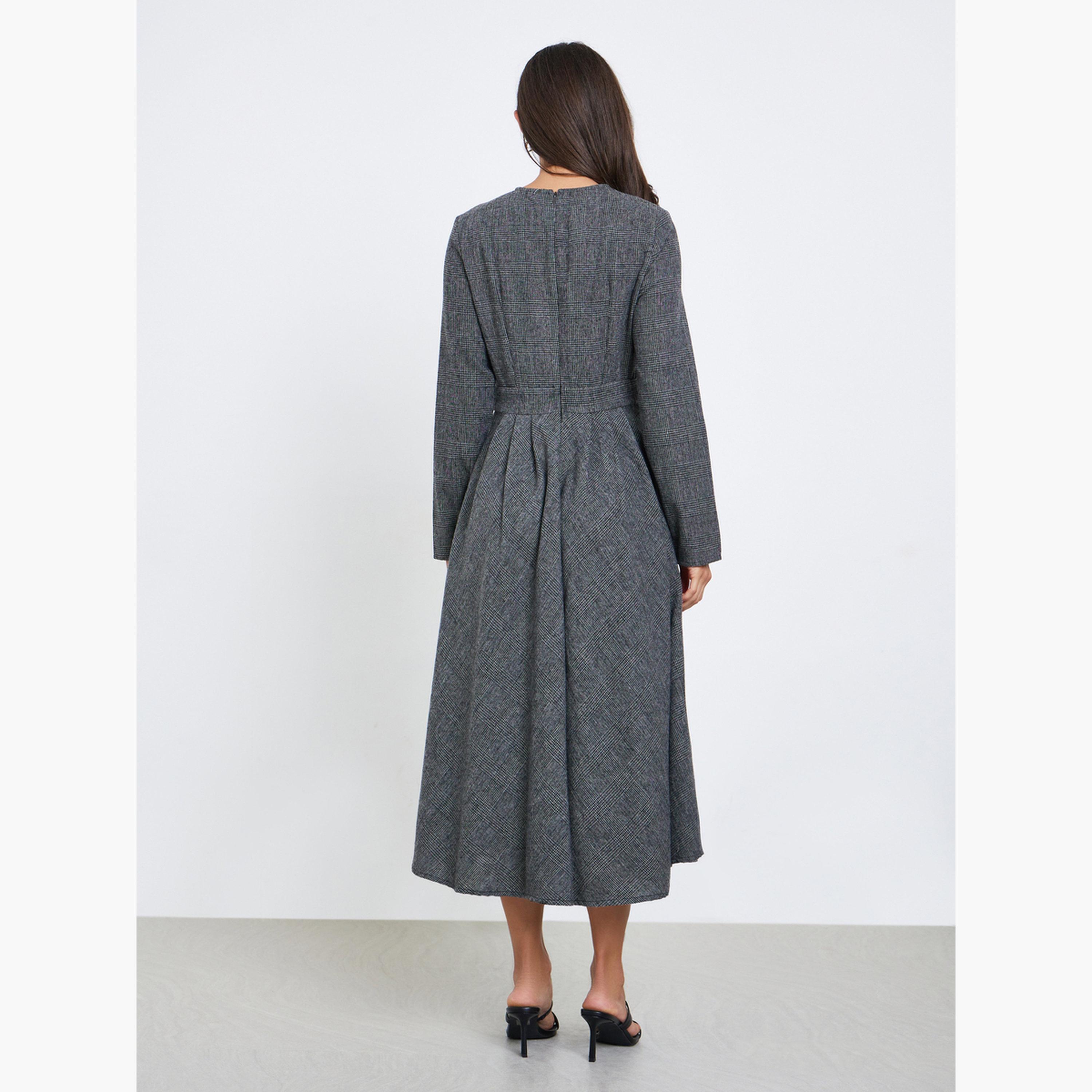 Styli Checked Long Sleeves A-Line Midi Dress-women-clothing-dresses-image-4