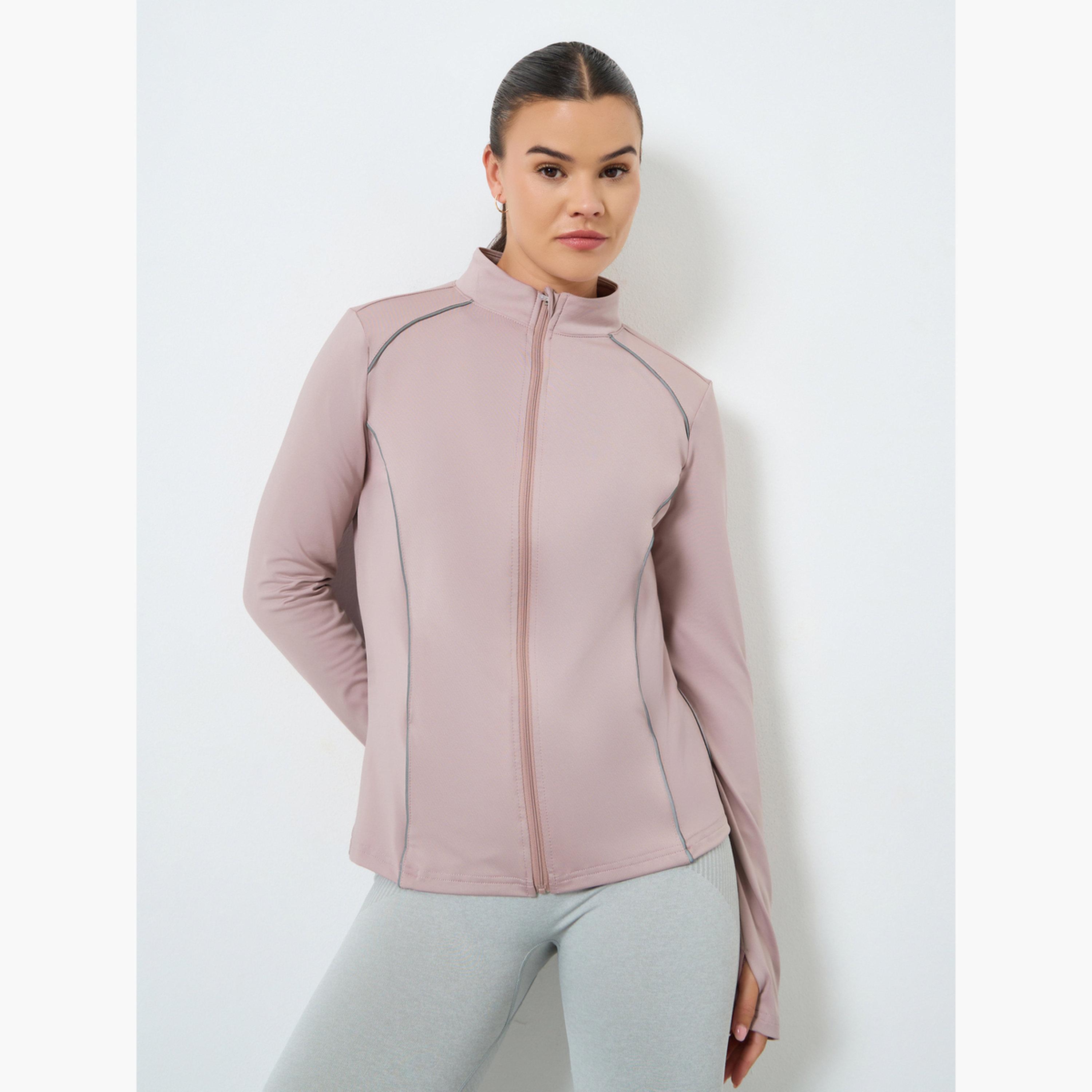 ستايلي - سترة بتفاصيل شبكية خلفية مخططة عاكسة-women-clothing-sportswearandactivewear-coatsandjackets-jackets-image-1