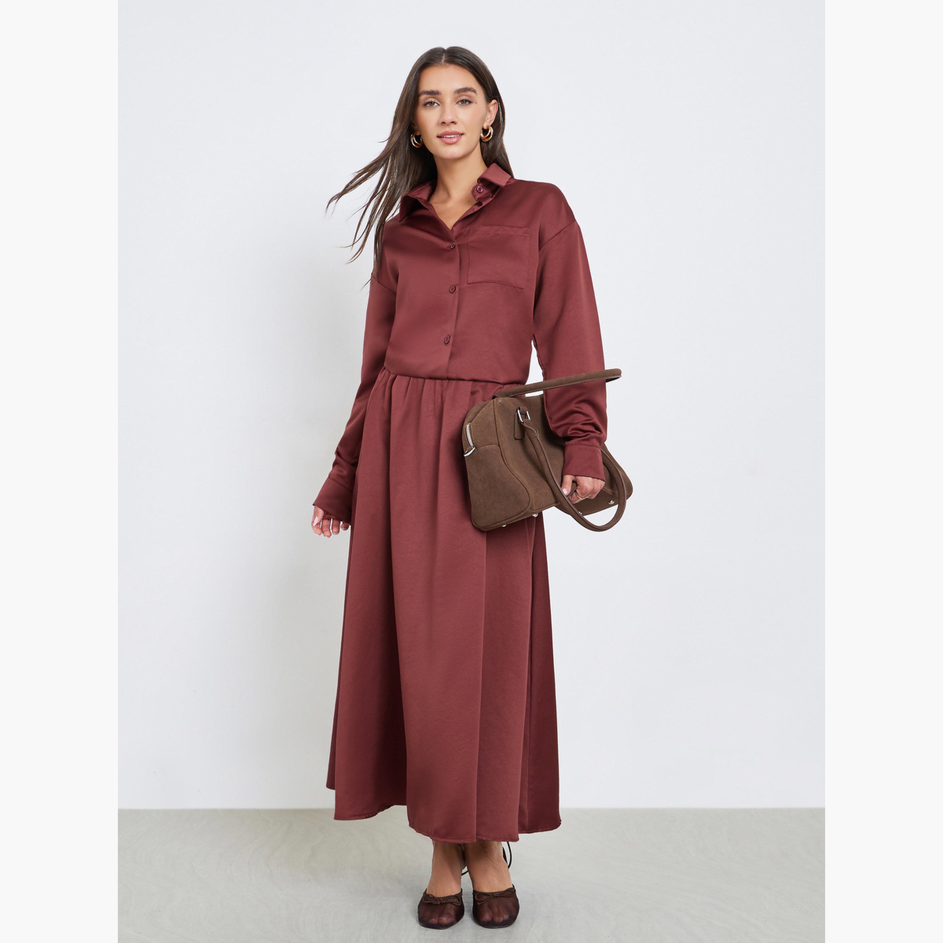 Styli Rust Solid Shirt and Maxi Skirt Co-ords-women-clothing-coordsets-image-1