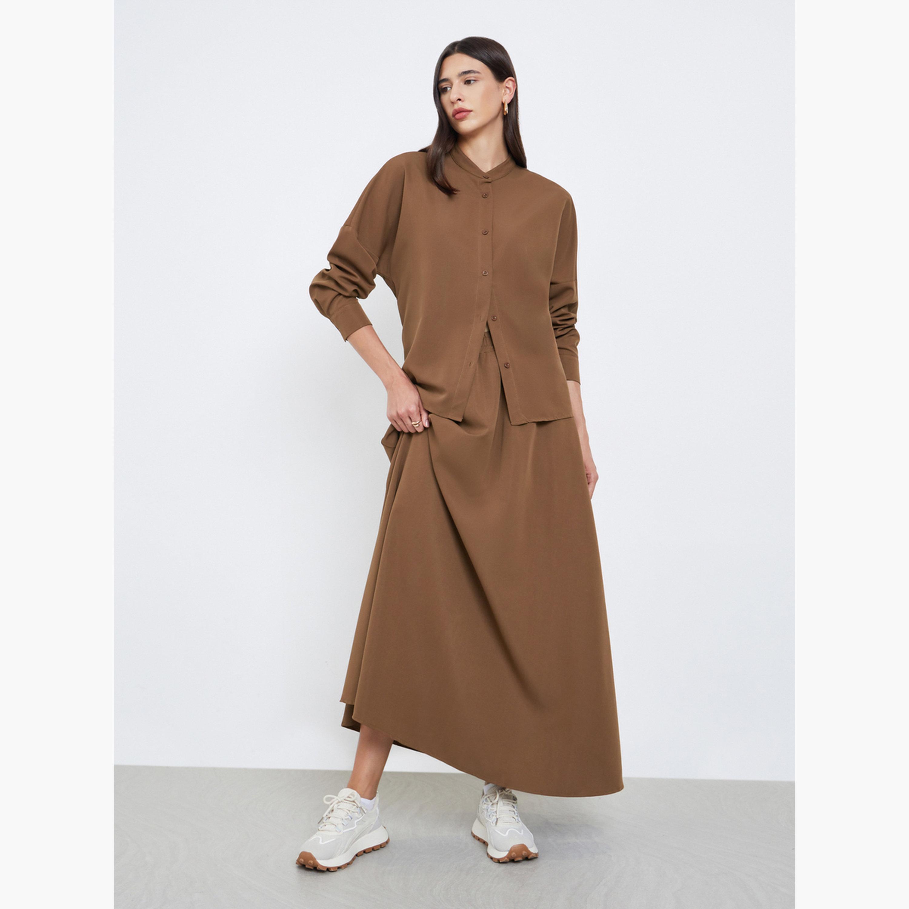 ستايلي - قميص وتنورة بني اللون بقصّة عادية وياقة واقفة للنساء-women-clothing-coordsets-image-1