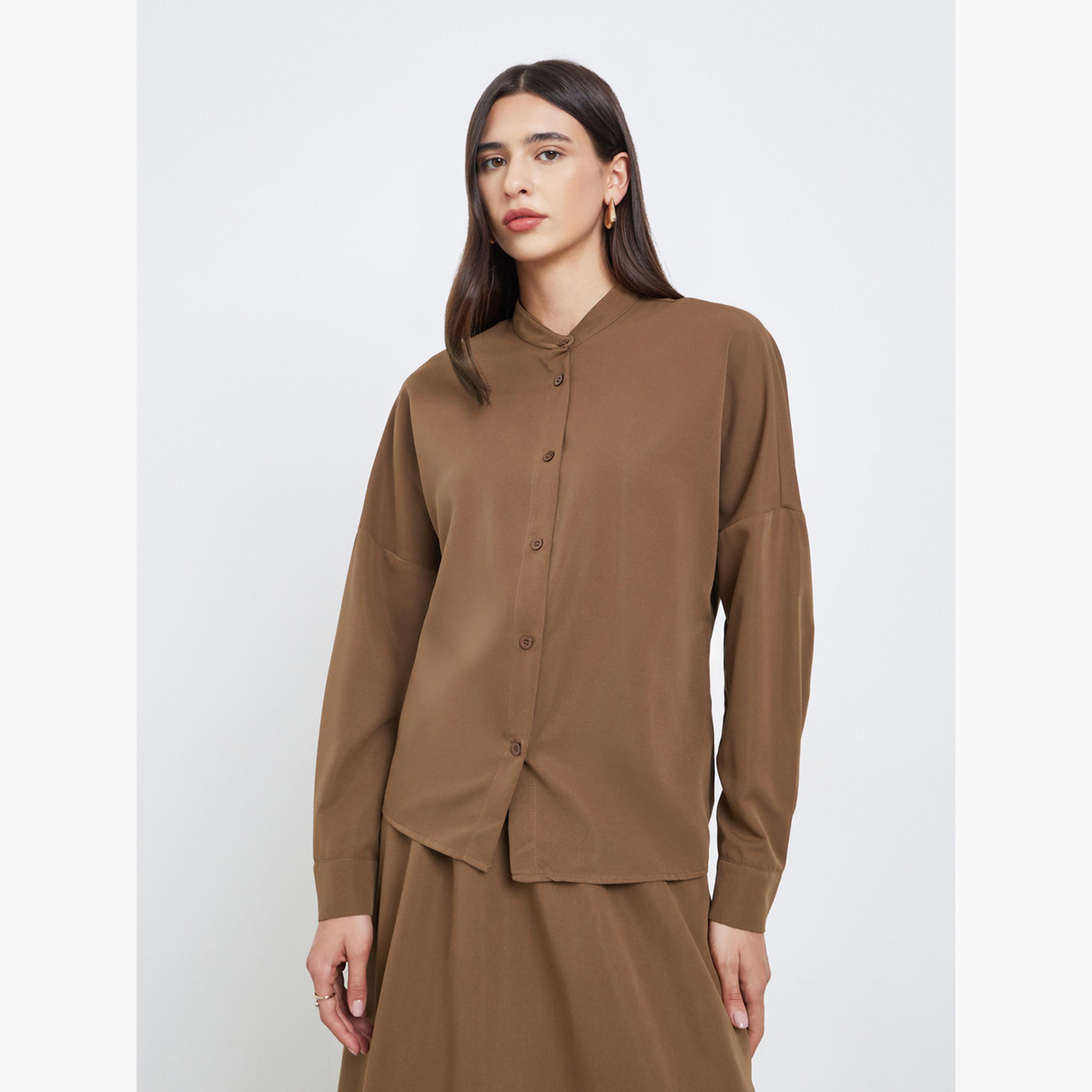 ستايلي - قميص وتنورة بني اللون بقصّة عادية وياقة واقفة للنساء-women-clothing-coordsets-image-2