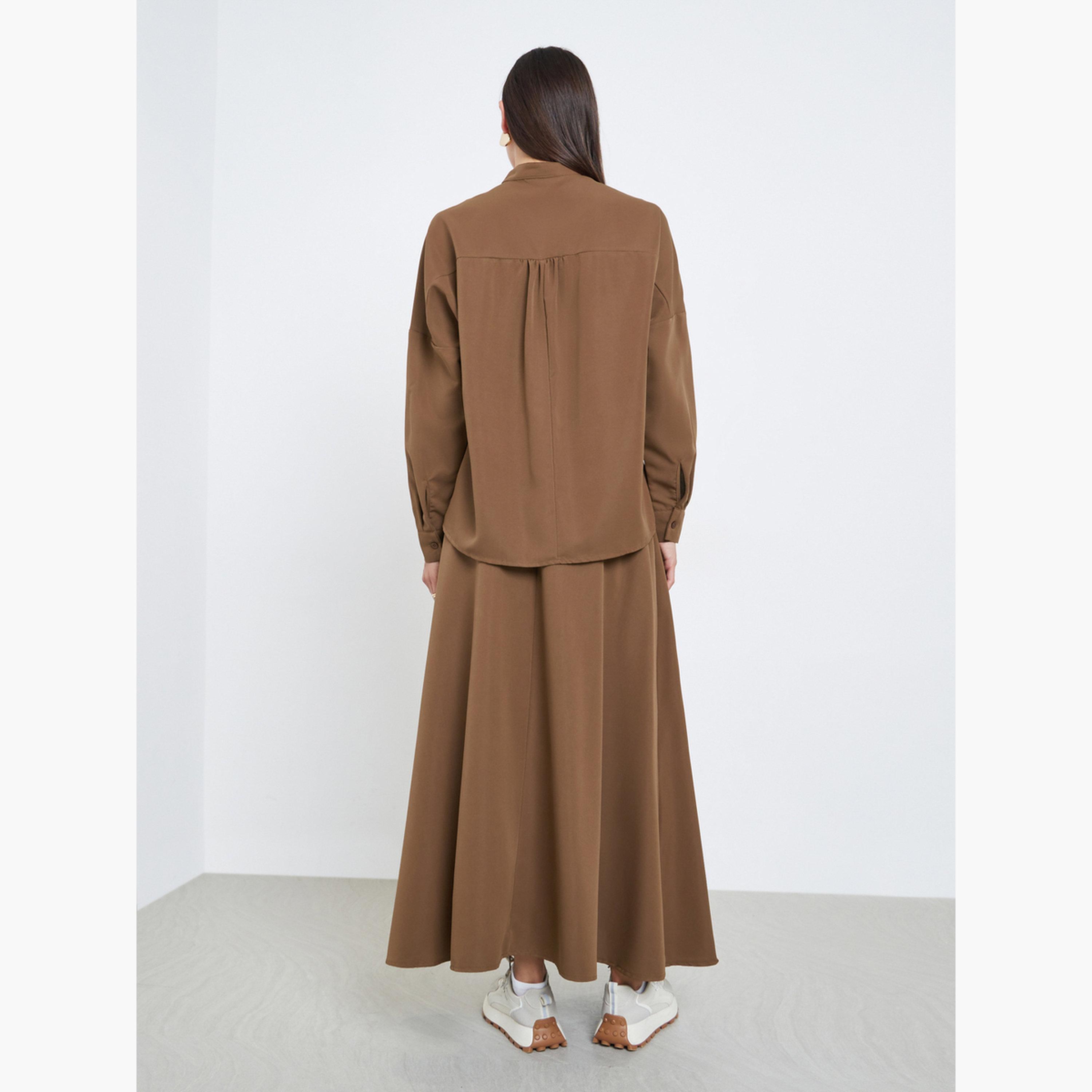 ستايلي - قميص وتنورة بني اللون بقصّة عادية وياقة واقفة للنساء-women-clothing-coordsets-image-3