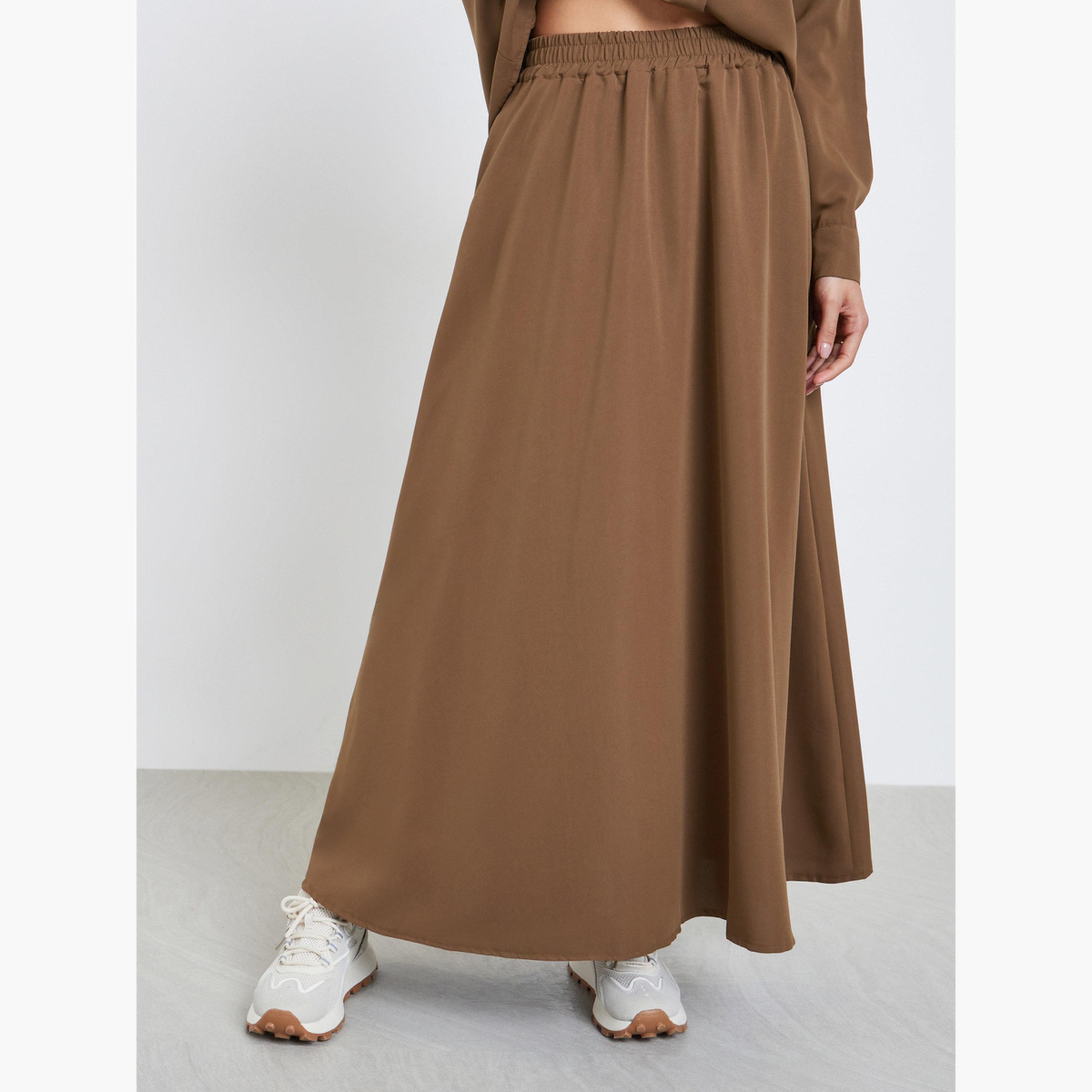ستايلي - قميص وتنورة بني اللون بقصّة عادية وياقة واقفة للنساء-women-clothing-coordsets-image-4