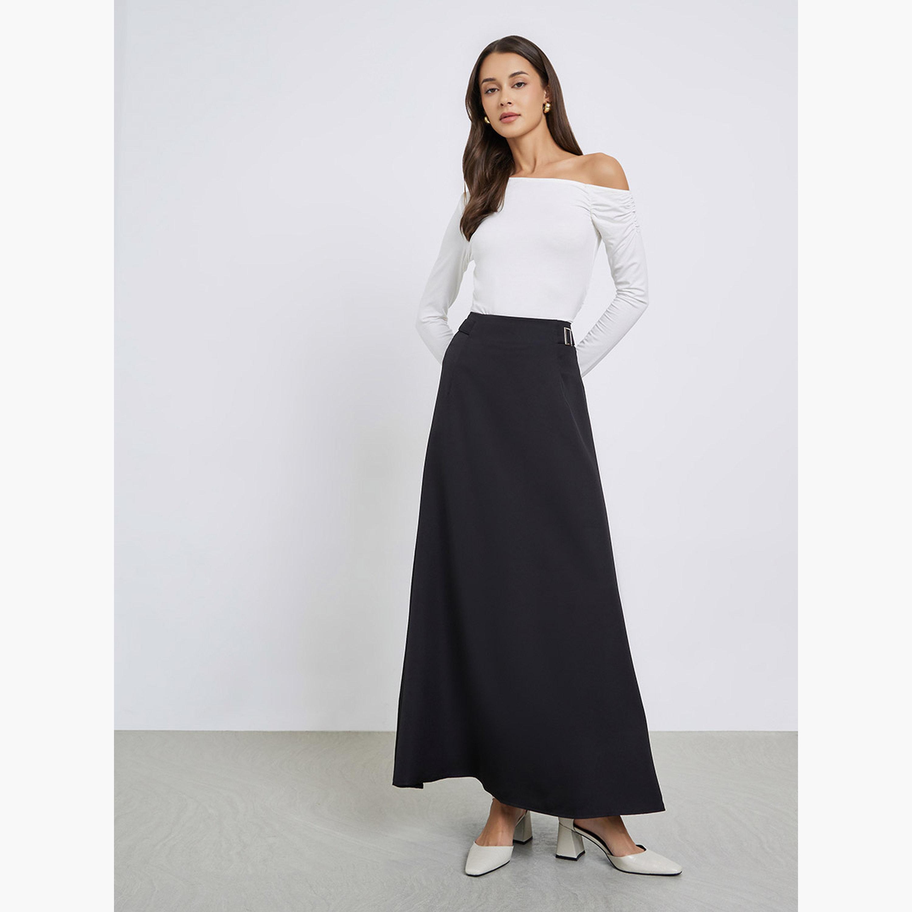 Styli Black A-Line Maxi Skirt with Buckle Detail-women-clothing-bottoms-skirts-image-2