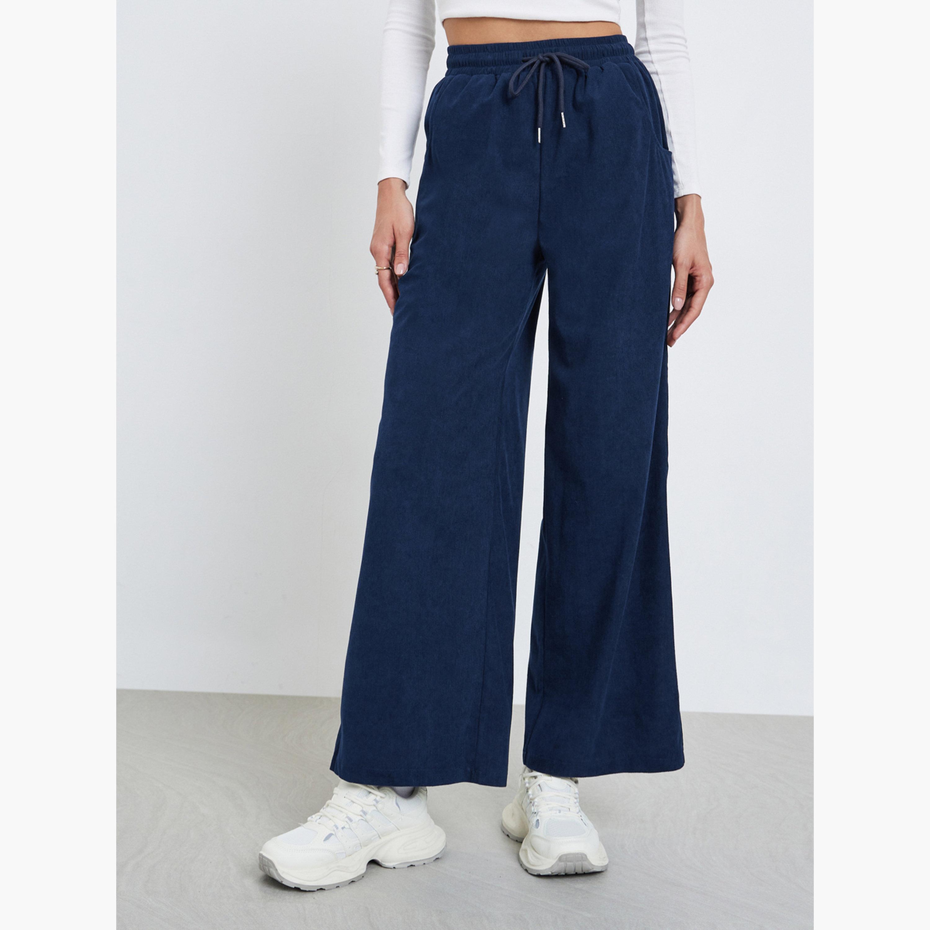 Styli Women Dark Blue Solid Corduroy Wide Leg Pants-women-clothing-bottoms-trousers-image-1