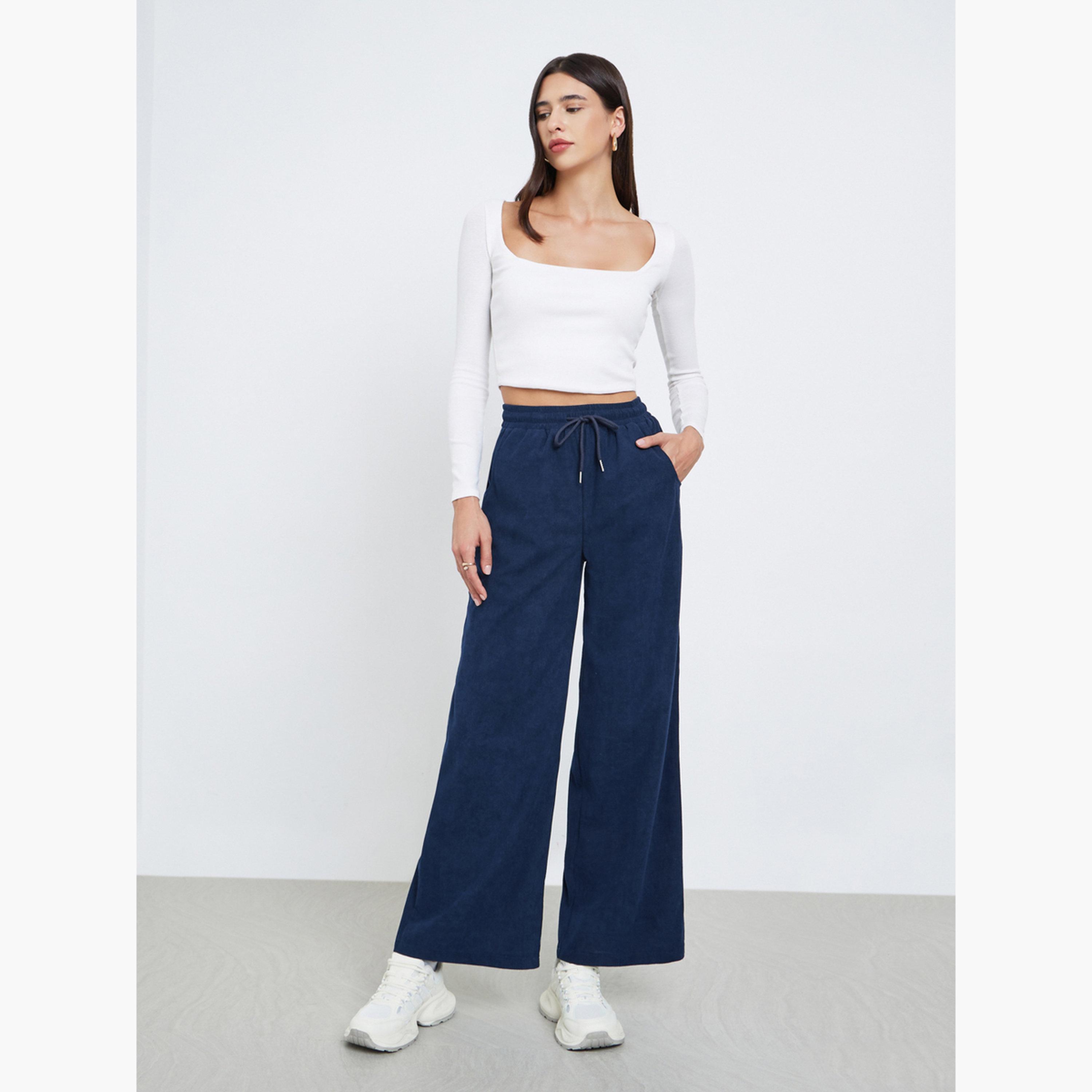 Styli Women Dark Blue Solid Corduroy Wide Leg Pants-women-clothing-bottoms-trousers-image-2