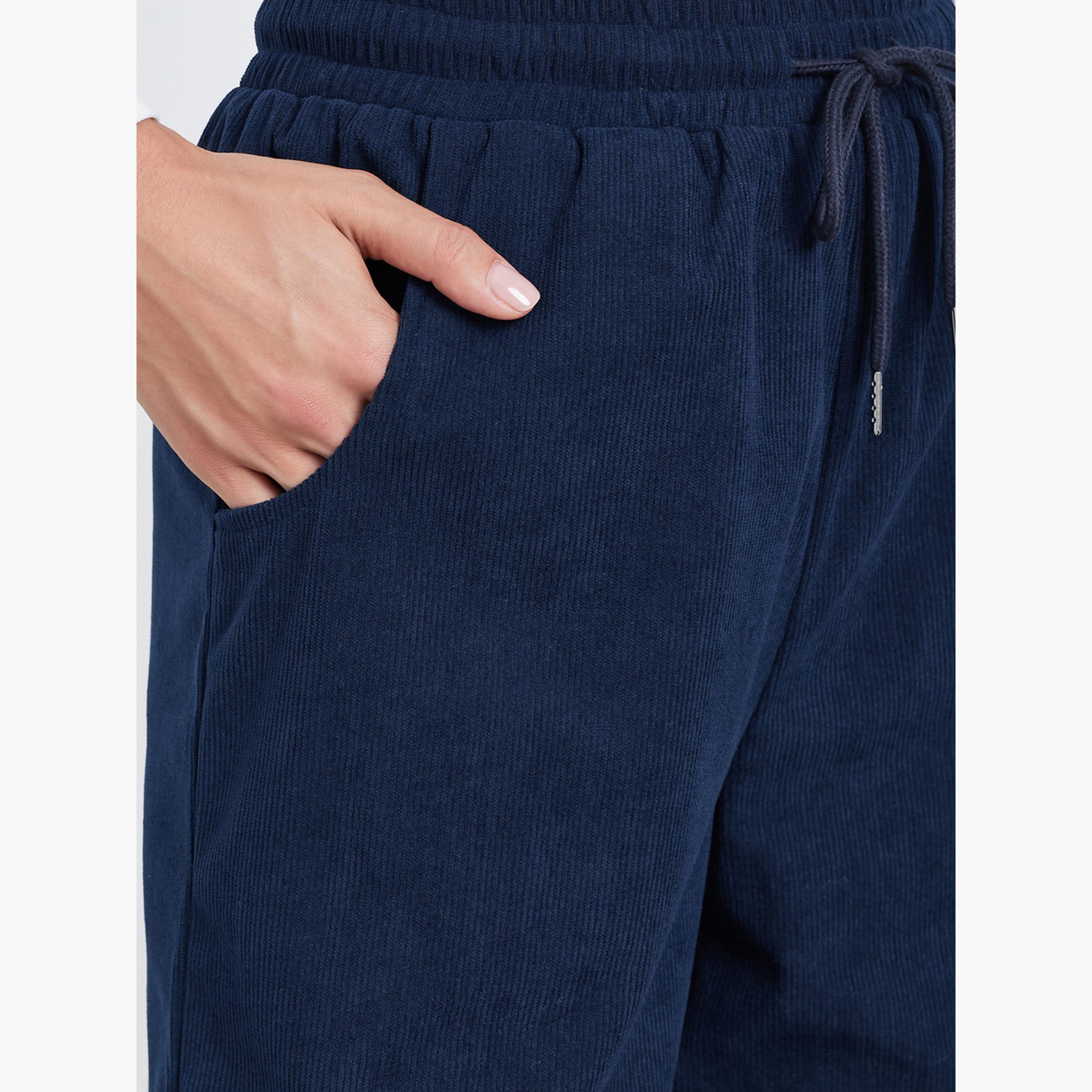Styli Women Dark Blue Solid Corduroy Wide Leg Pants-women-clothing-bottoms-trousers-image-3