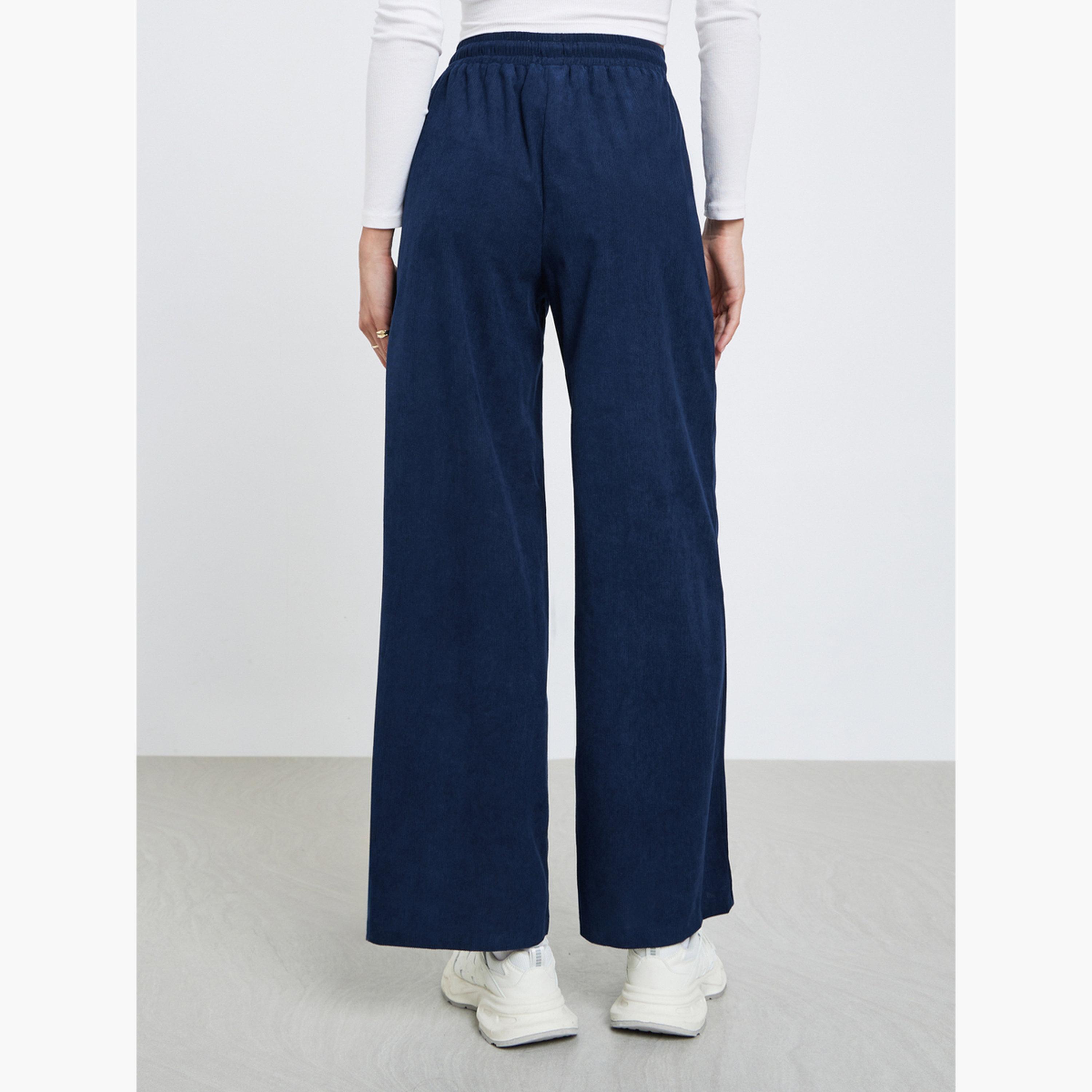 Styli Women Dark Blue Solid Corduroy Wide Leg Pants-women-clothing-bottoms-trousers-image-4