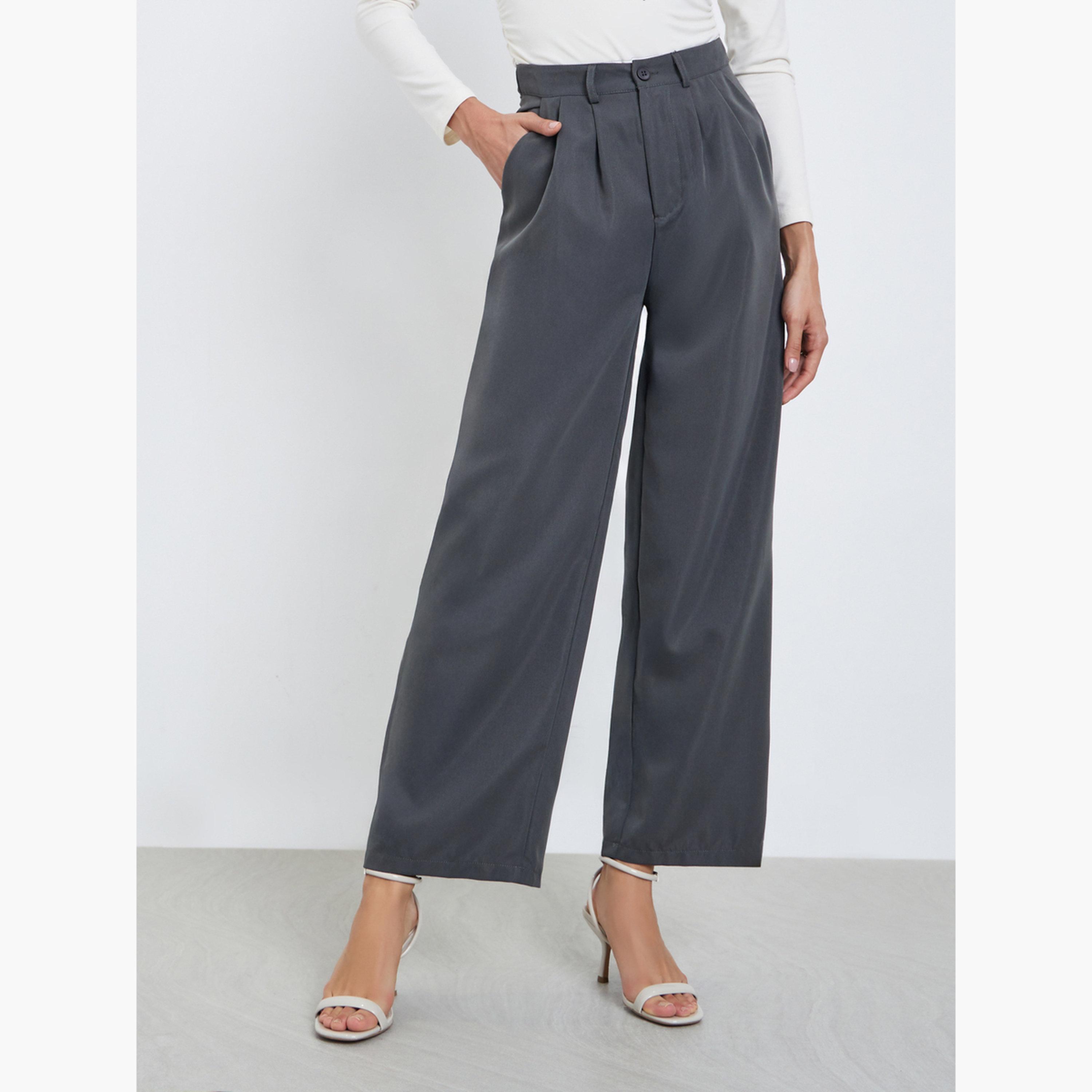 Styli Women Grey Solid Pleated Wide Leg Pants-women-clothing-bottoms-trousers-image-1